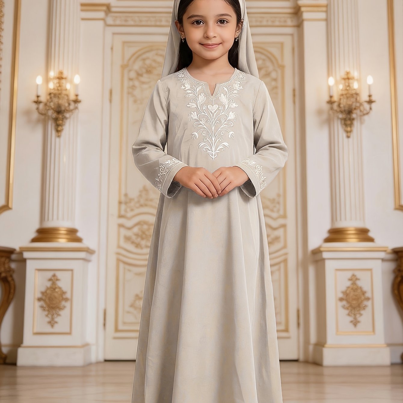 Image of Girls' Middle Eastern Embroidered Abaya Dress: Beige Long Sleeve Ankle-length, V-neck With Embroidery, Loose And Modest, Suitable For Ramadan/eid//daily Wear, Breathable And Comfortable, Ages 4-12