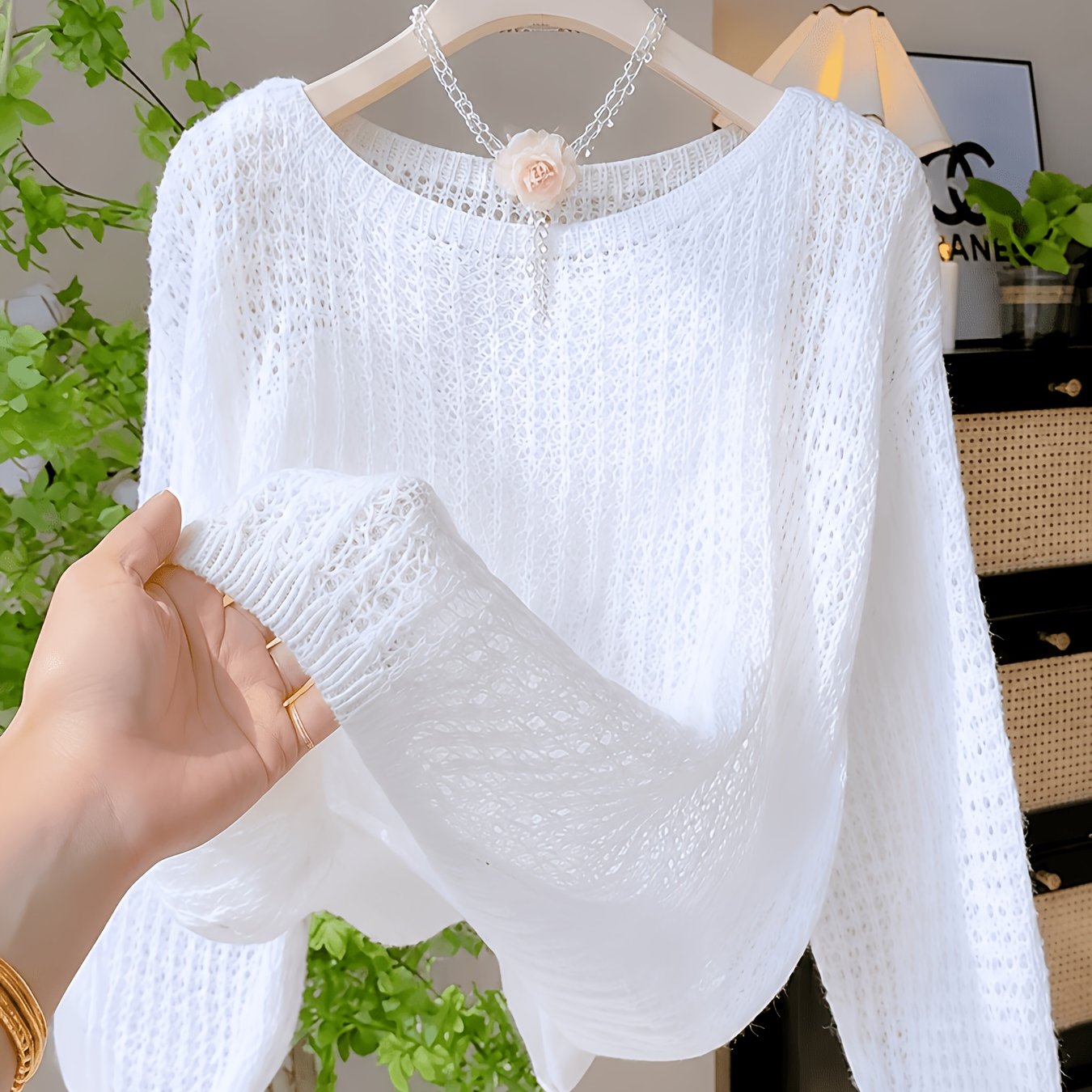 TEMU Women's Hollow Out Pullover, Lightweight Crochet Top, Crew Neck Long Sleeve Solid Color Casual Layering Top For Daily Wear, Travel & Streetwear,