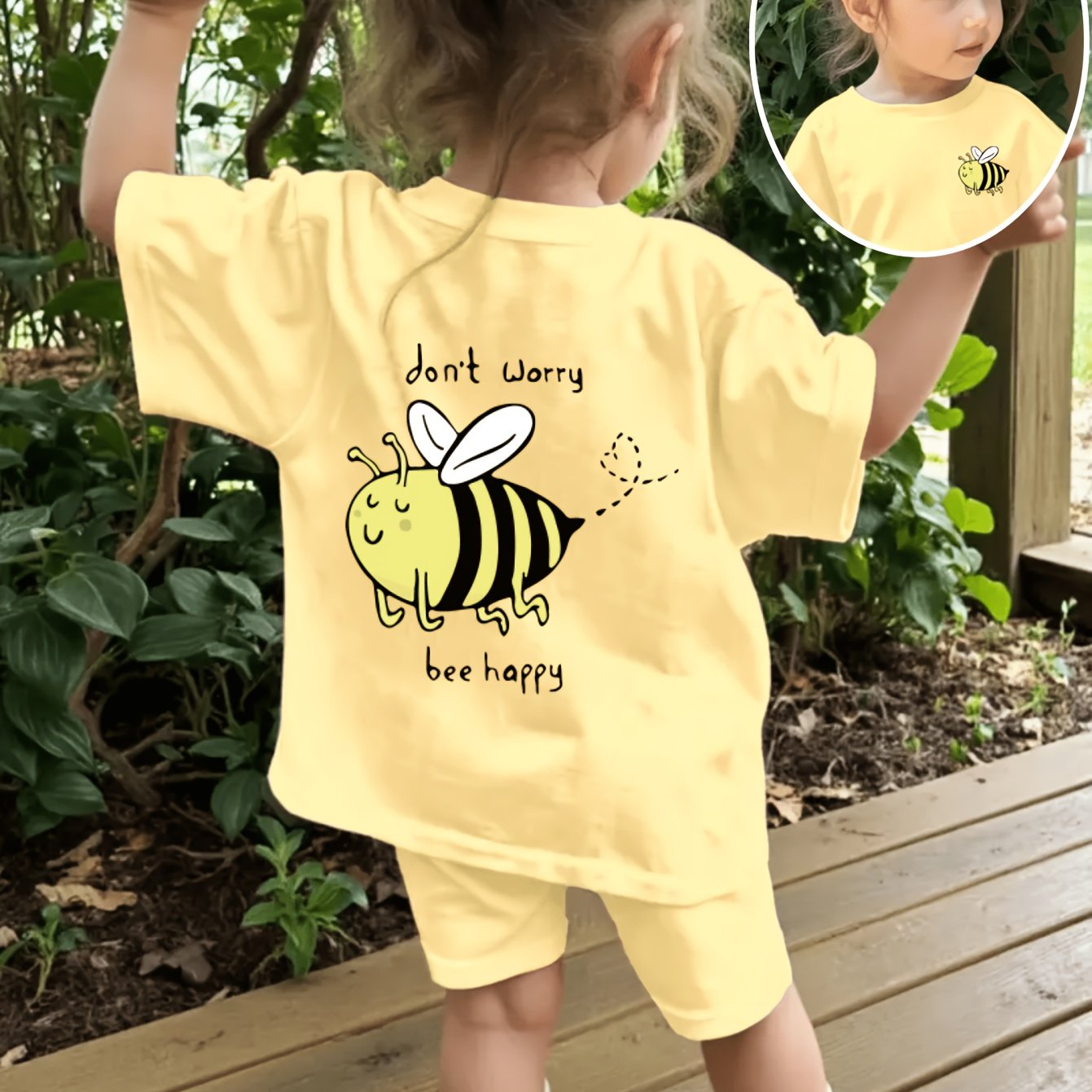 Image of 2pcs Girls' Style Mini Set! Cute ! "don't Worry " Print T-shirt And Shorts Set - Short Sleeve Casual Round Neck, Machine Washable, Suitable For Family Parties And , For Outdoor