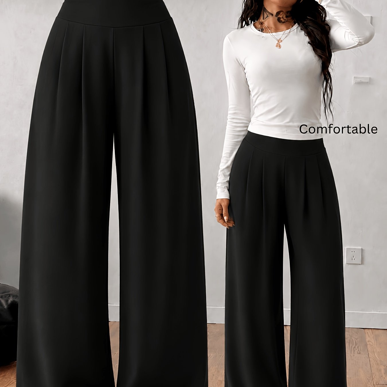 TEMU Pantalon de yoga palazzo à jambes larges et taille haute pour femmes, pantalon droit sur le devant avec et ventre, pantalon extensible 4 voies