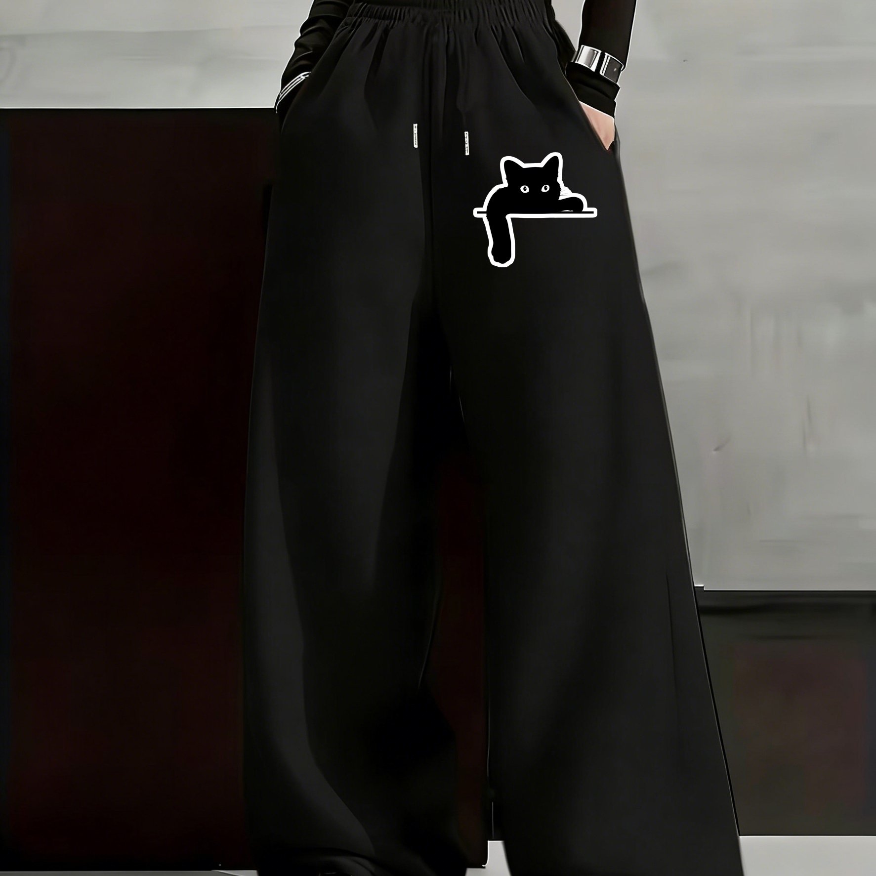TEMU Loose-fitting Straight-leg Pants For Women With Drawstring, Featuring Slogan Prints, Suitable For Teachers, Graduation, Back-to, Halloween,
