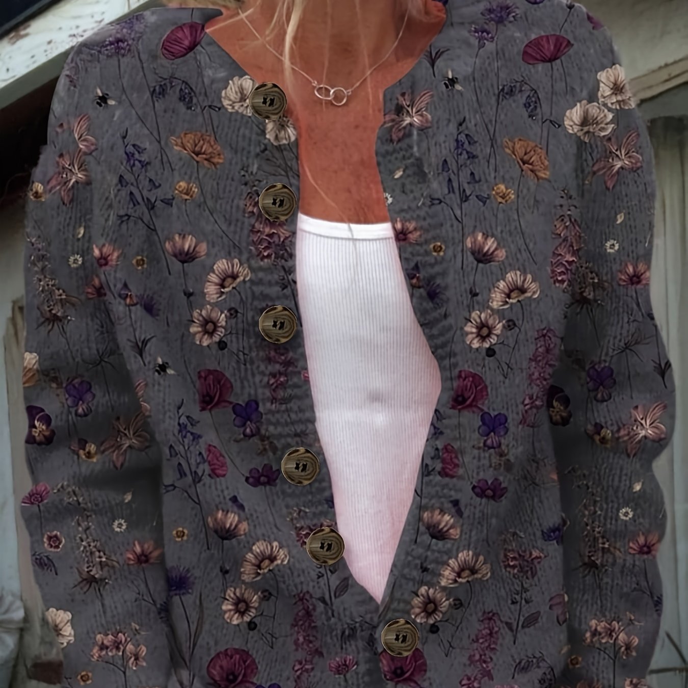 TEMU 2d Flat Pattern Autumn Neck Long Sleeve Cardigan Women's Top Floral Pattern Flat Trendy Women's Clothing Ladies Top Bzra