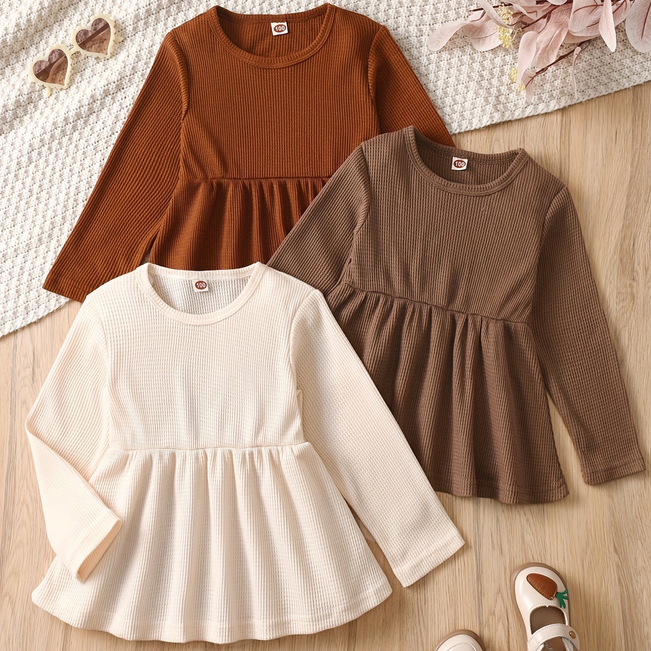 Simple Solid Color Long Sleeve Comfortable 3pcs T-shirt Set For Girls, Casual Tops Suitable For Spring, Autumn, And Winter Daily Wear & Outdoor Activities