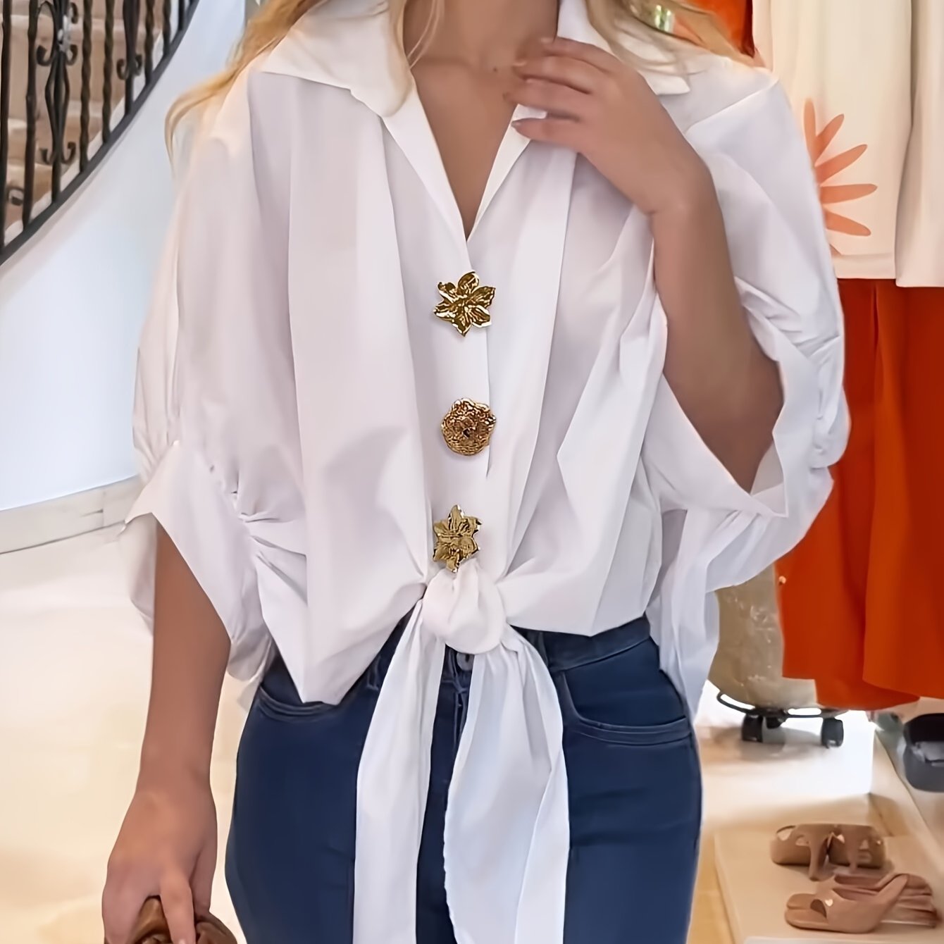 TEMU 2026 Commuter Shirt Women's Golden Decorative Button Waist Cinched Puff Sleeve Loose Design Statement Blouse
