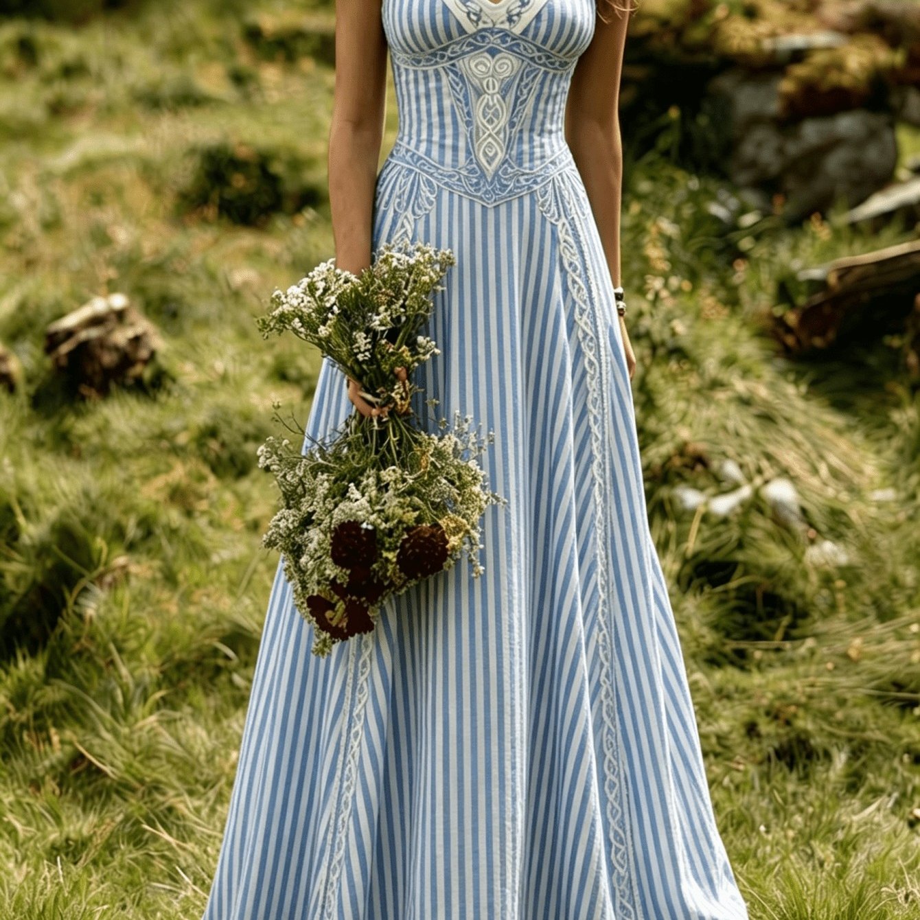 Image of Women's Vintage Celtic Stripe Print Maxi Dress - Sleeveless V-neck A-line Beach Dress With , Machine Washable Flowy Evening Gown Suitable For Parties, Weddings, Banquets, Daily Wear & Vacations