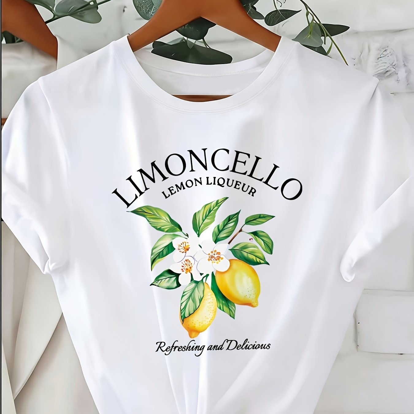 TEMU T-shirt tendance à manches courtes pour femme avec imprimé et motif citron, col rond