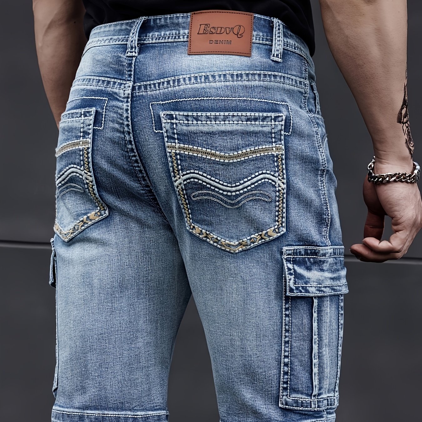 Men's Multi-pocket Embroidered Denim Cargo Shorts