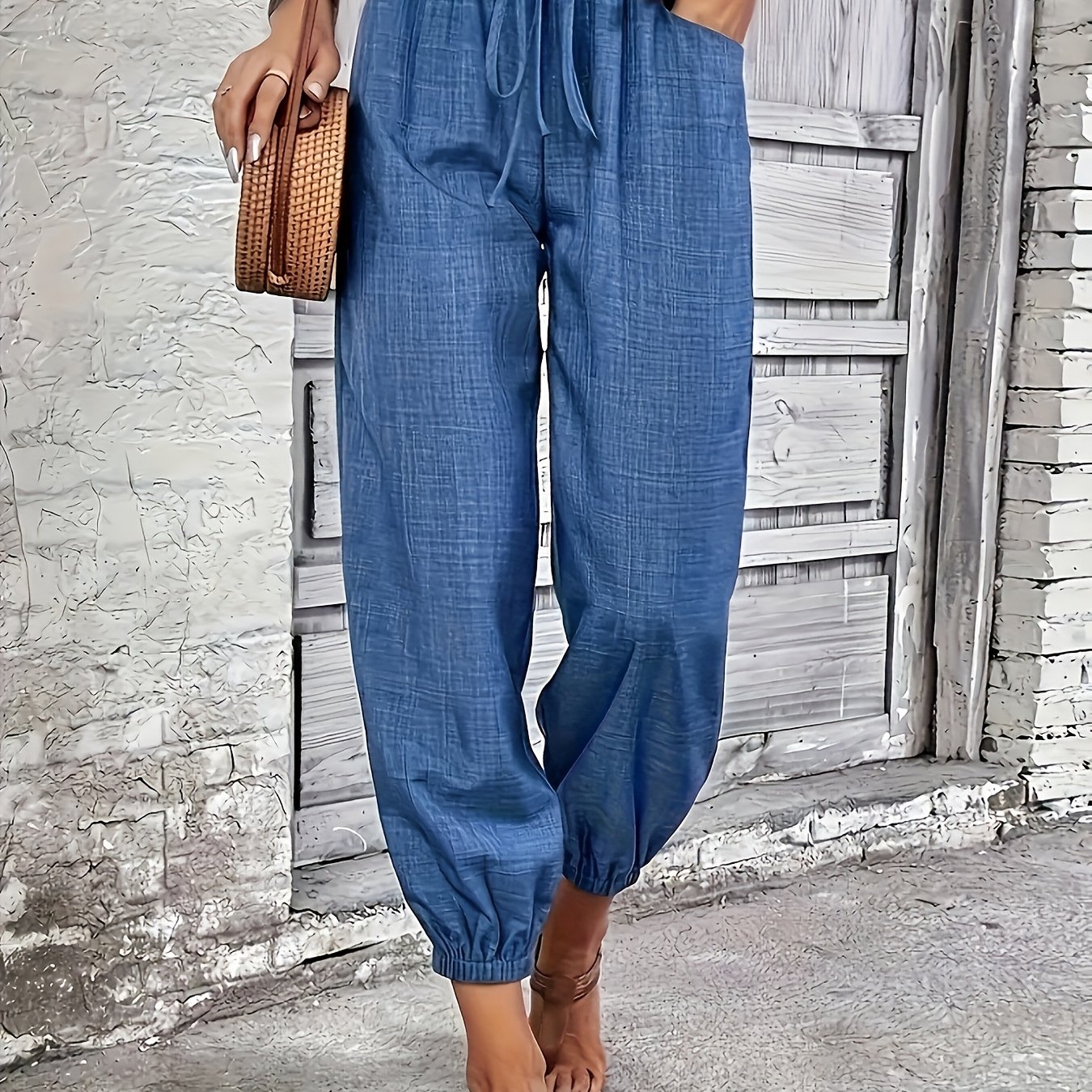 E-shop Damen-Mode Vielseitigkeit, Lässige einfarbige, dünne einfarbige Hose mit Kordelzug, bequeme Cropped-Hose für Frühling, Sommer, Herbst Winter