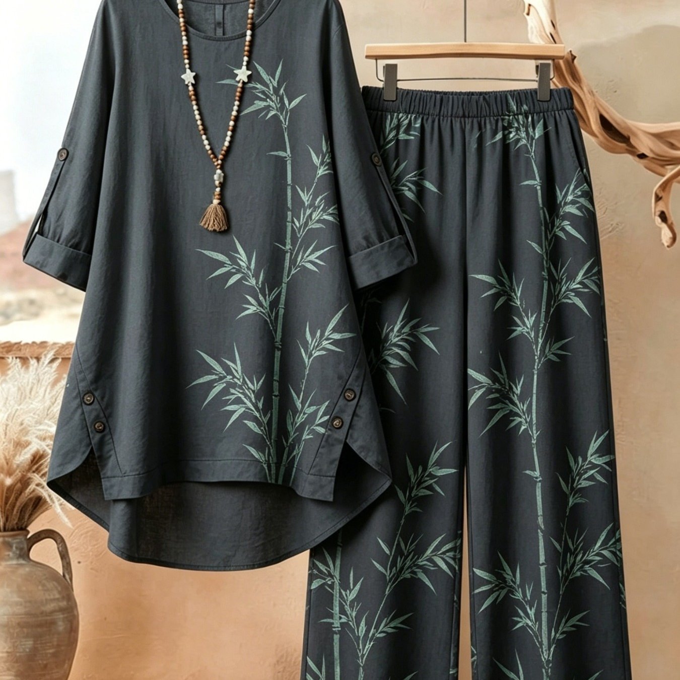 Plus Size - [2d Flat Pattern] Large Lady (xl-8xl) 2pcs Retro Printed Casual Long-sleeved Round-neck Top And Casual Pants Spring/summer/autumn Style Home Casual Wear Slightly Elastic