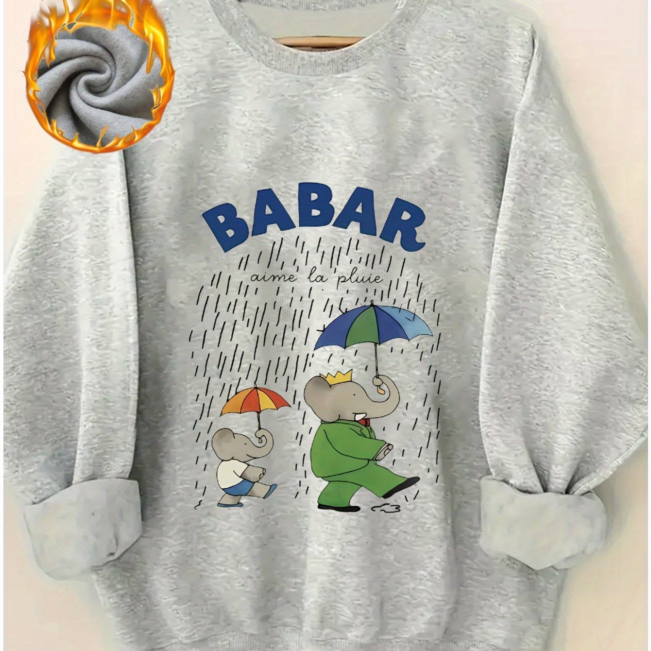 TEMU Elephant Rain Travel Print Women' Casual Plus Fleece Thickened Pullover Sweater