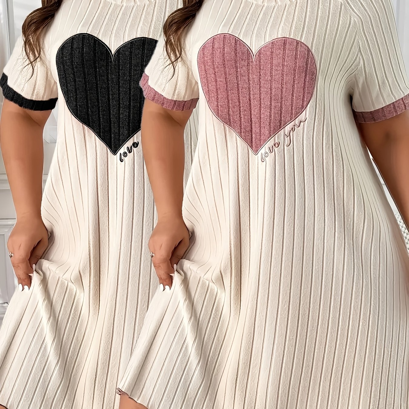 Plus Size Short-sleeve Dress With Heart Embroidery, Two-piece Set
