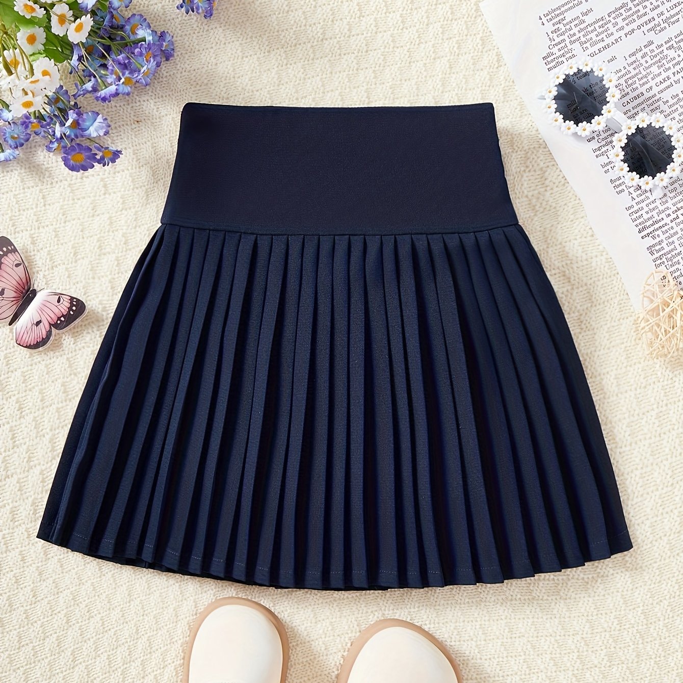 TEMU Girls' Elegant And Stylish Pleated Skirt, New Summer Academic Style Children's Short Skirt, Solid Color Simple A-line Skirt For Middle And Older