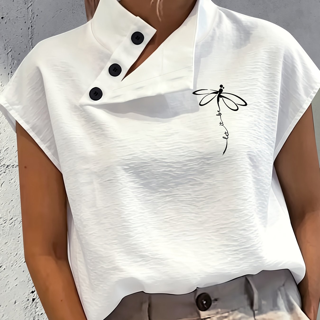TEMU Casual Comfortable Elegant Chic Small Stand Collar Button-up Sleeveless Dragonfly Print White Shirt