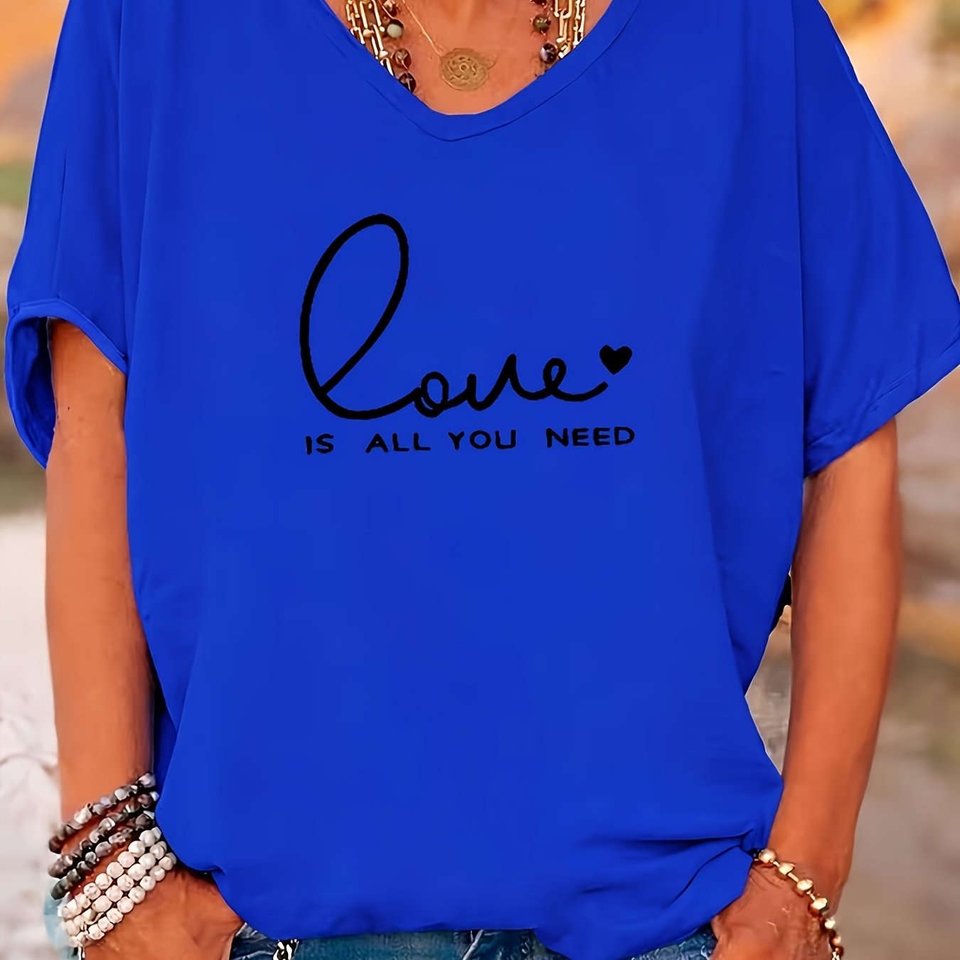 TEMU Women's Royal Blue V-neck Loose T-shirt, " You Need" Summer Top
