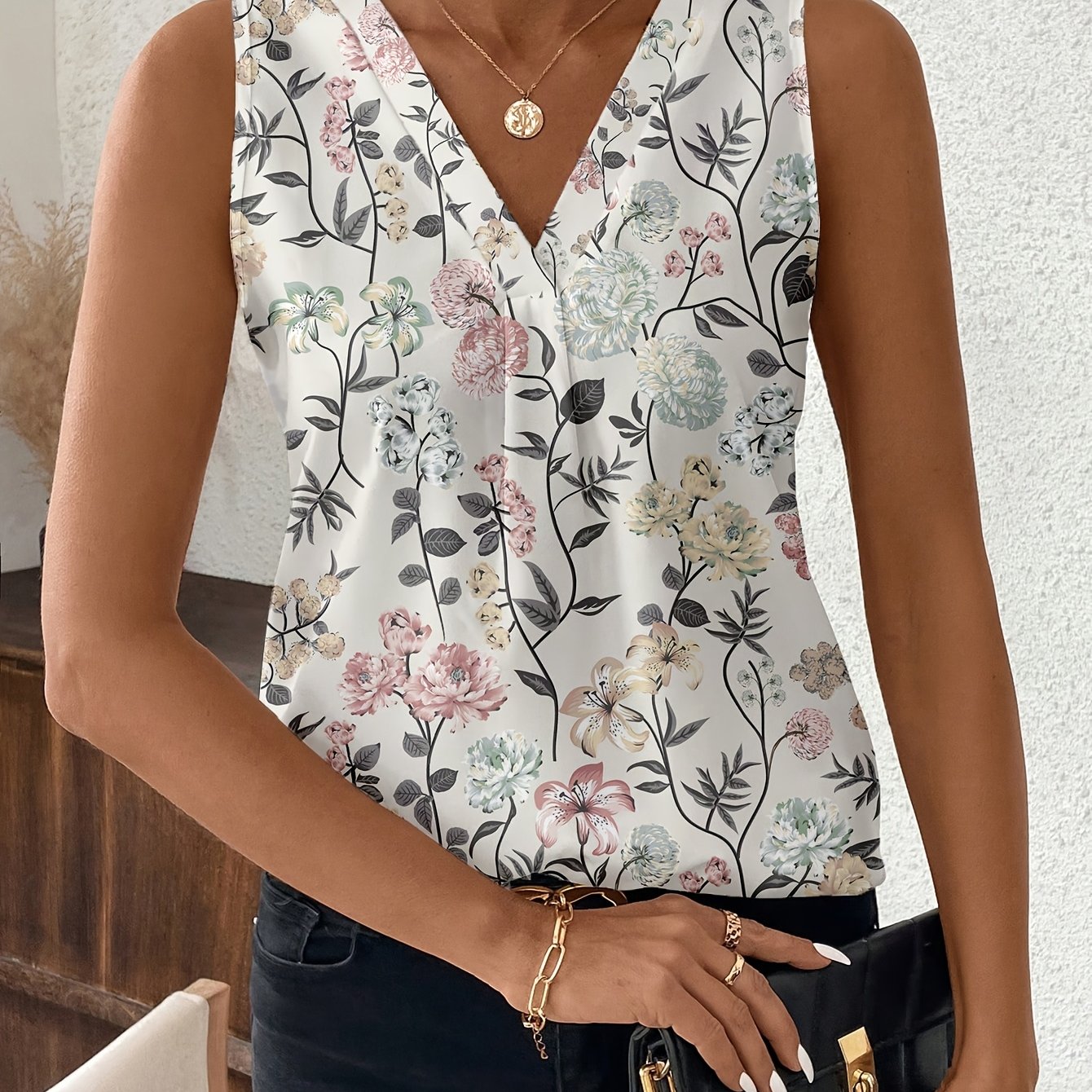 E-shop Elegantes modisches Damen-Blumenmuster-Ärmelloses V-Ausschnitt-Vest für lässige Urlaubstage