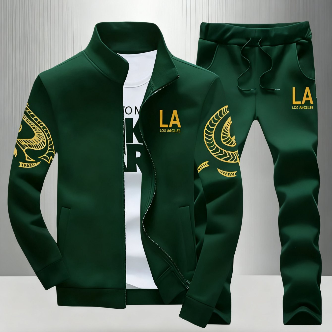 Image of Teenagers Dark Green La Los Angeles Golden Tribal Print Tracksuit, Zip Stand Collar Jacket+ Drawstring Jogger Pants 2pcs Outfit, Perfect For Outdoor, For Teenager