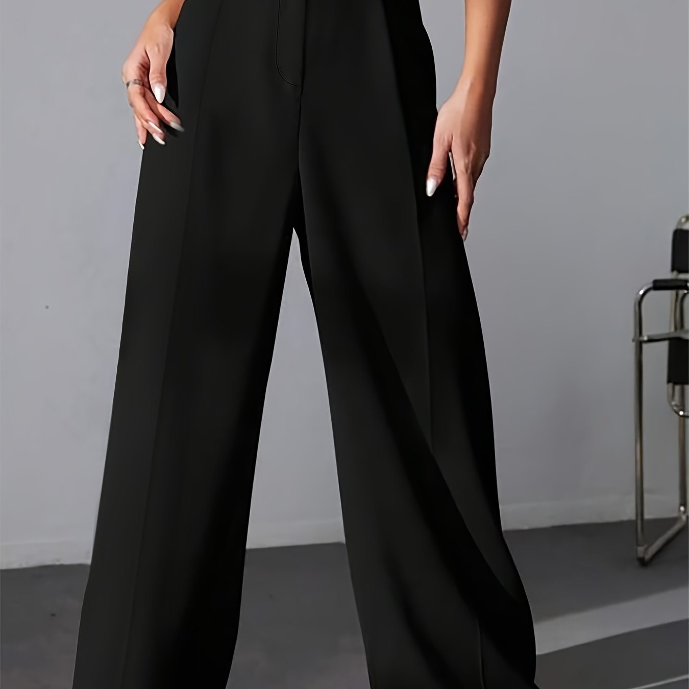 TEMU Solid Color Straight Leg Pants, Elegant High Waist Button Front Pants For Work & Office, Women's Clothing