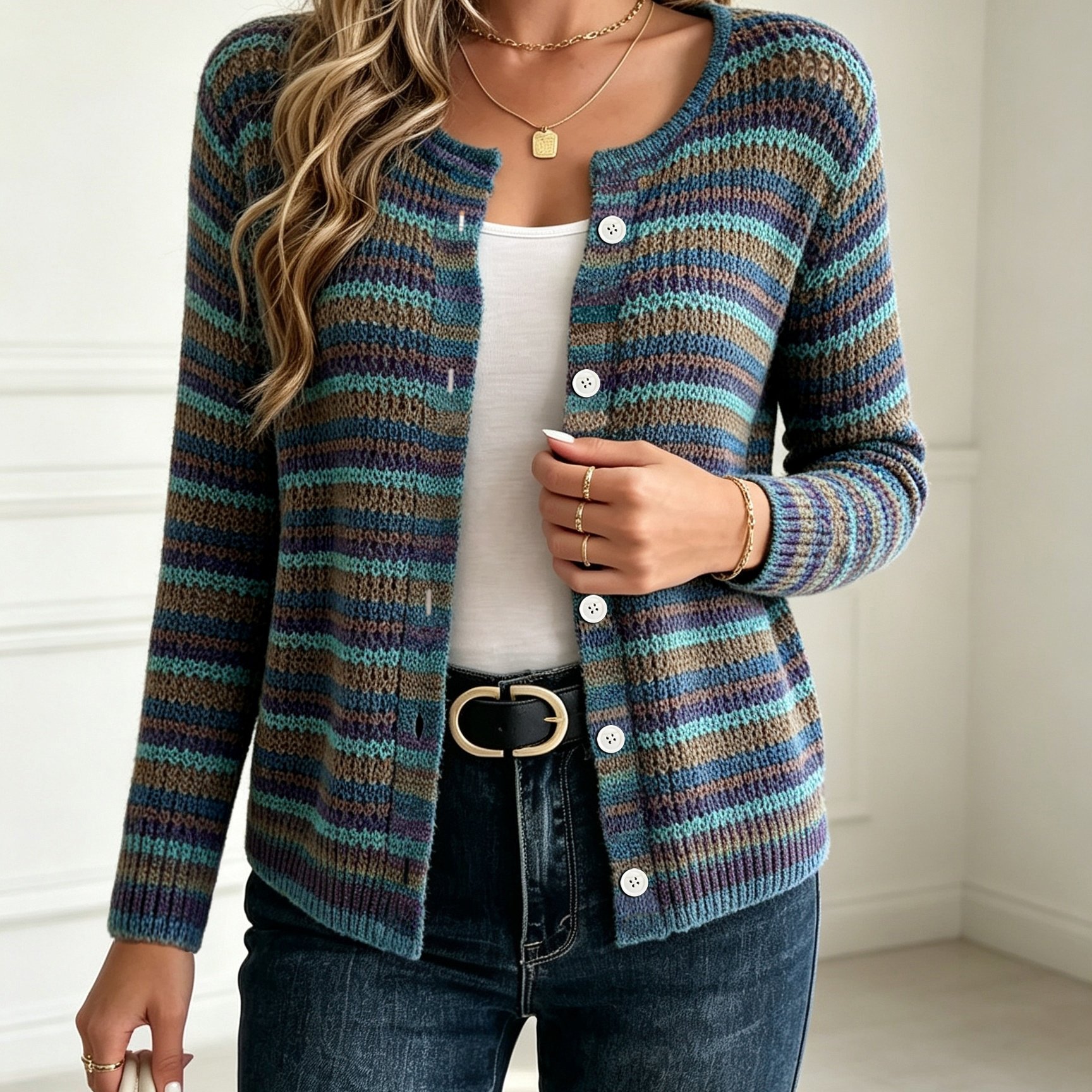 TEMU Women's Fashionable Colorful Striped Sweater, Single-button Open Cardigan, Hollow Chunky, Autumn Top Jacket, Fall Sweater, Women's Clothing