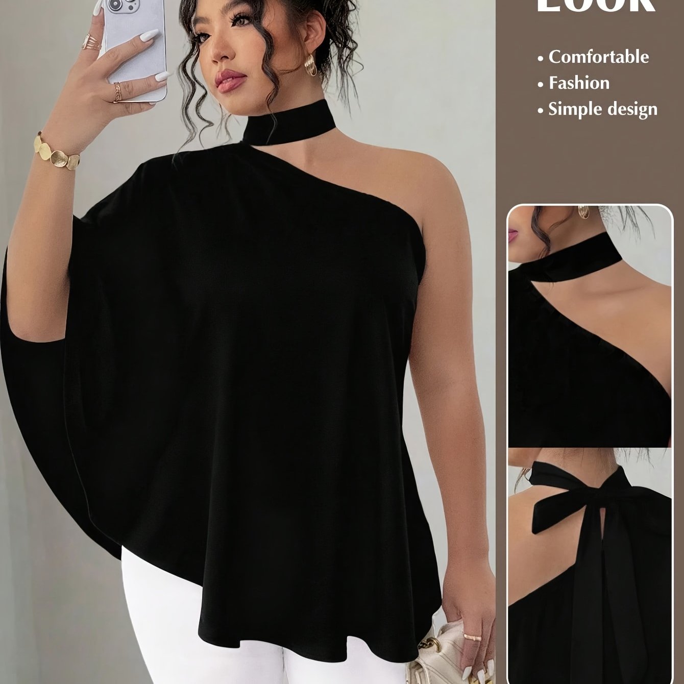 TEMU Plus Size, Mature And Sophisticated Chignon Style Halter Neck One-shoulder Top: Black Halter Neck One-shoulder Cape-style Top Featuring A Halter