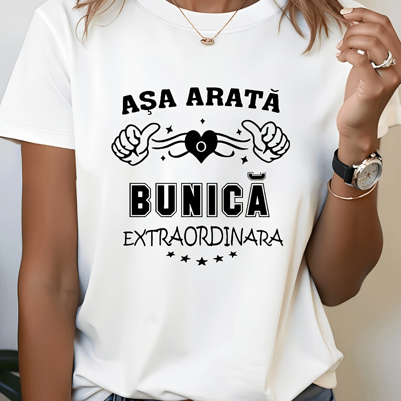 TEMU Women's Romanian "asa ? ? Extraordinar?" T-shirt - Short Sleeve Round Neck Casual Top With Lettering Print, Non- Suitable For Spring Summer Fall