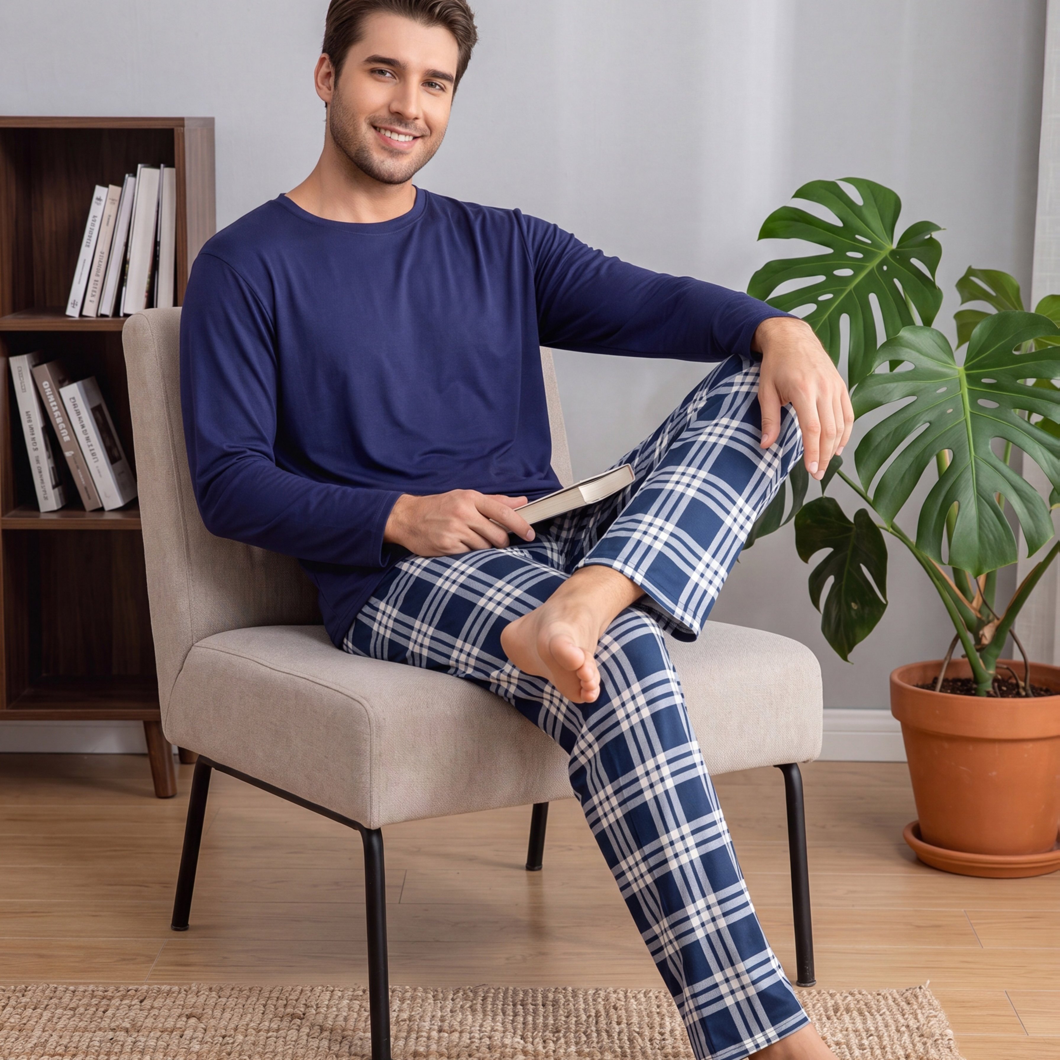 TEMU 2pcs Set, Men' Color Long Sleeve T-shirt And Print Long Pants, Loungewear