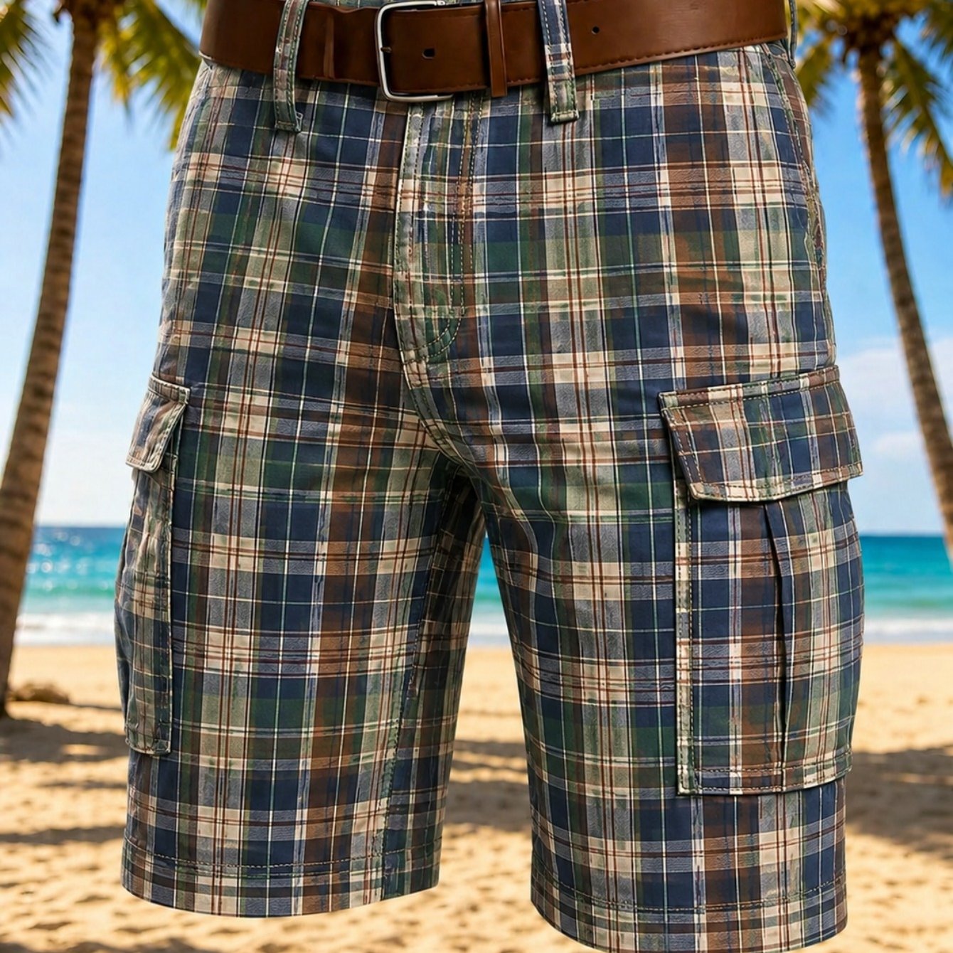 TEMU Mens Plaid Cargo Shorts In Beige Lightweight Durable For Beach, Casual , And Outdoor Activities, Featuring Belted Waist And Utility Pockets