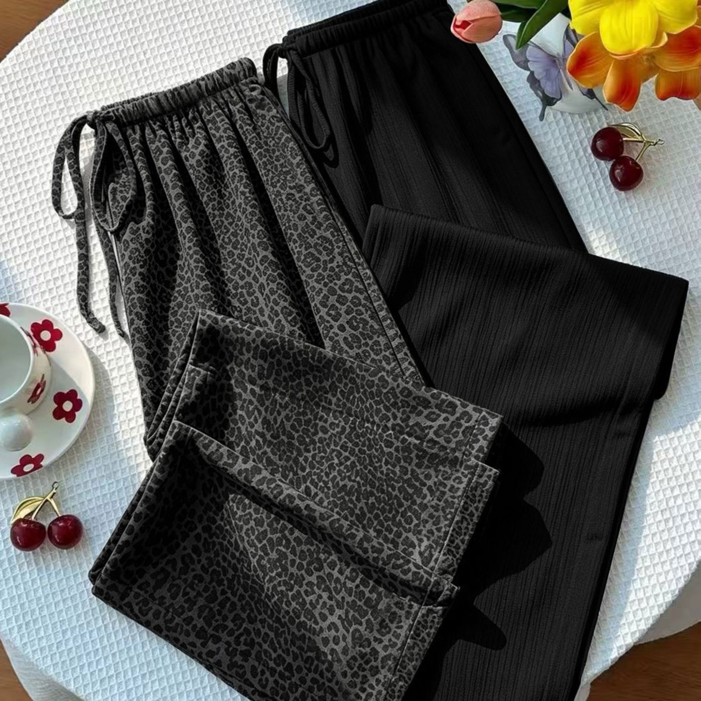 TEMU 2pcs Pack Wide-leg Pants, Elastic High-waist Drapey Loose Straight Leopard Print, Textured Casual All-match Women's Trousers