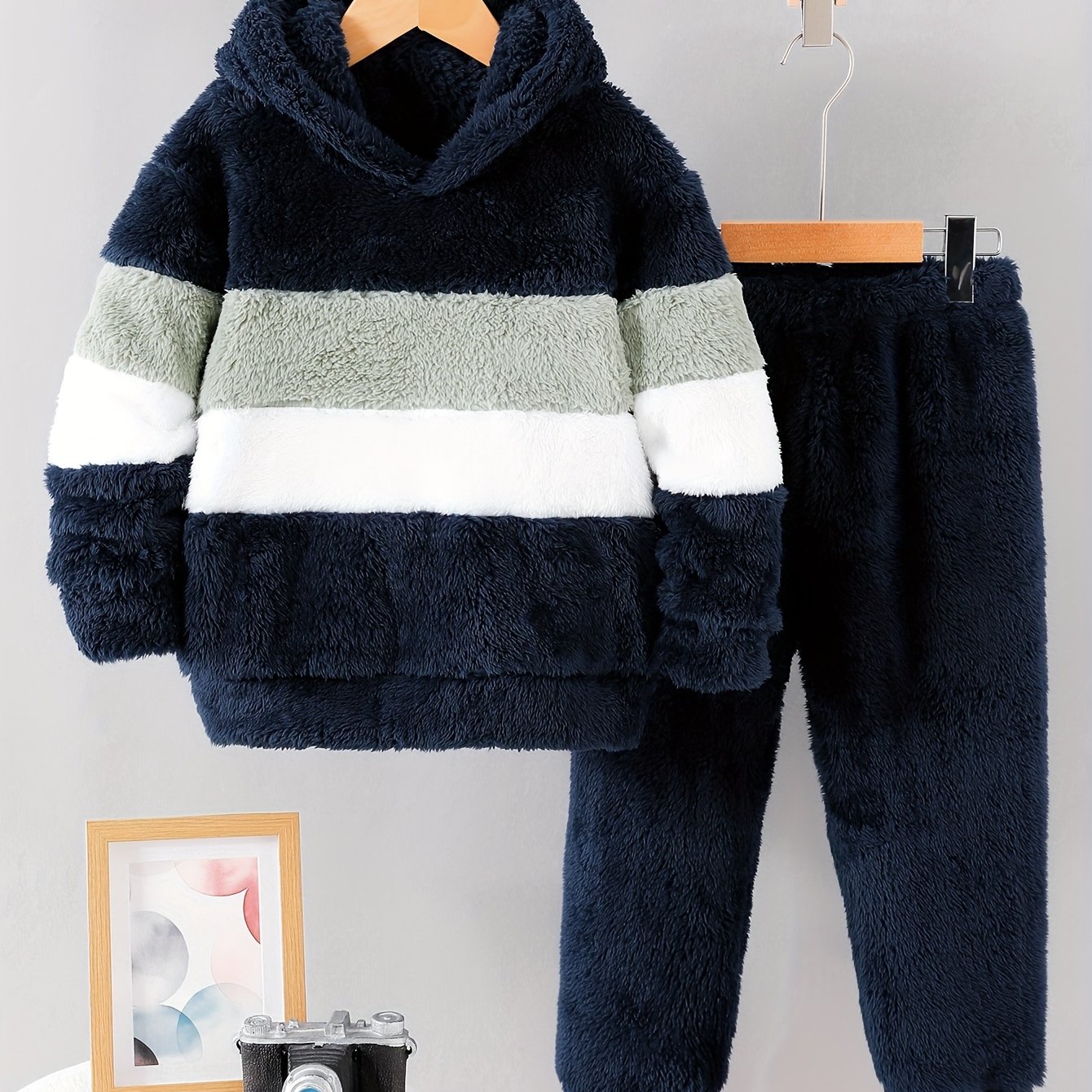Image of Boys' Autumn/winter New Thickened Warm Hooded Set, Navy + White + Light Green Striped Top With Soft Comfortable Daily Versatile Casual Pants, 2pcs Set, Perfect For Outdoor
