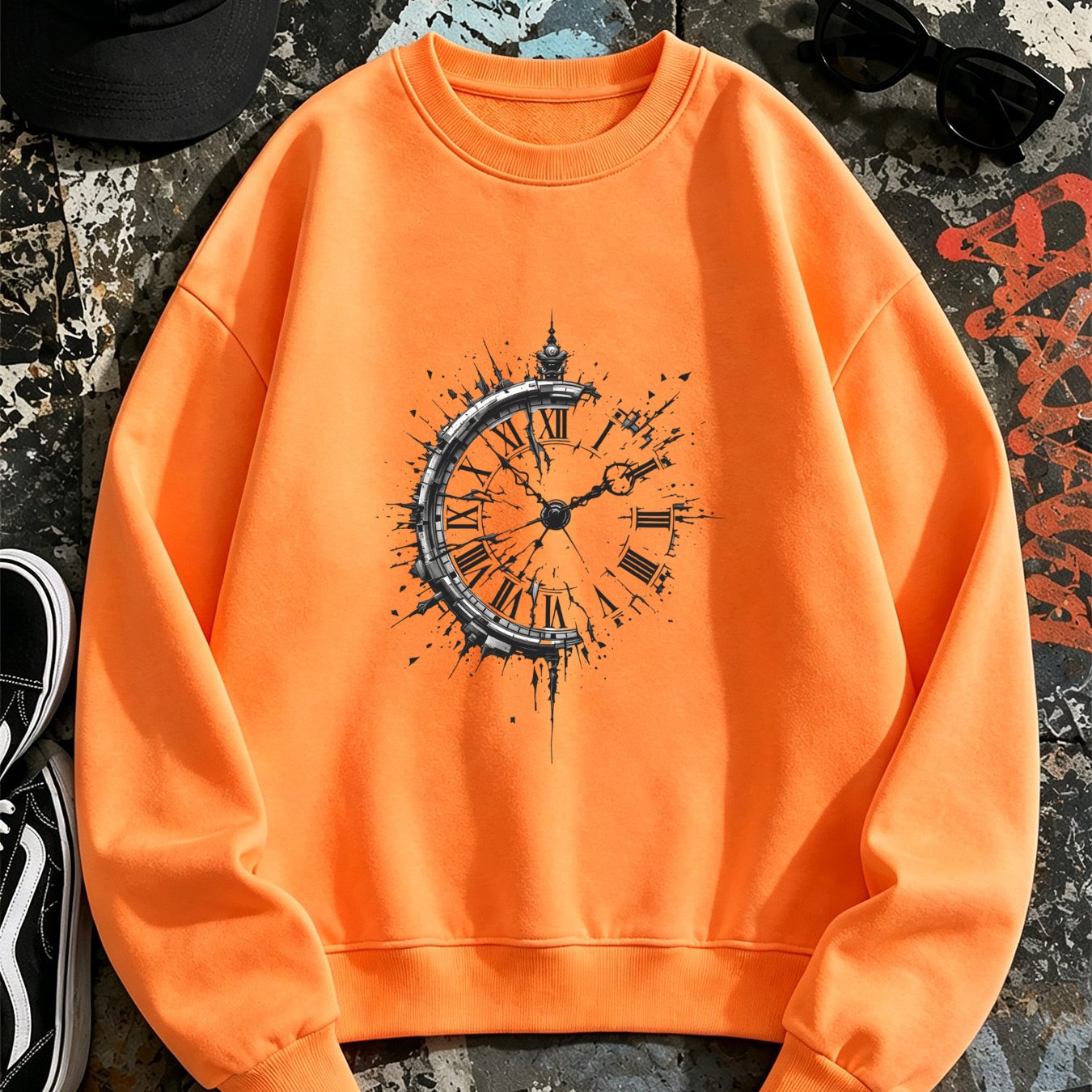 Image of Autumn Women's Fashionable Ribbed Crewneck Sweatshirt With Vintage Clock Print, Street Style For Spring And Fall, Loose Drop-shoulder Long Sleeve Pullover Top