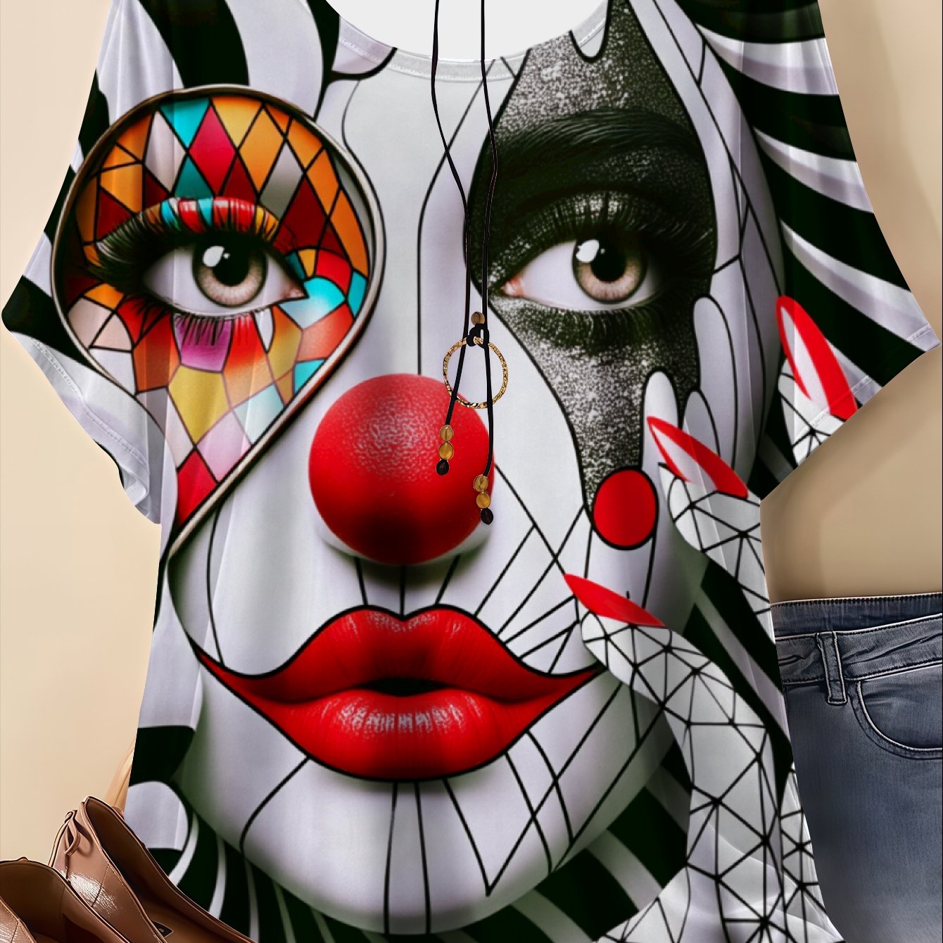 Image of Plus Size, Women's Oversized T-shirts Short Sleeve Round Neck Size 0xl-9xl - Opaque Machine-washable -compatible Abstract Clown Face & Suitable For Vacation, Casual Wear, Summer Layering, Non- Shirts