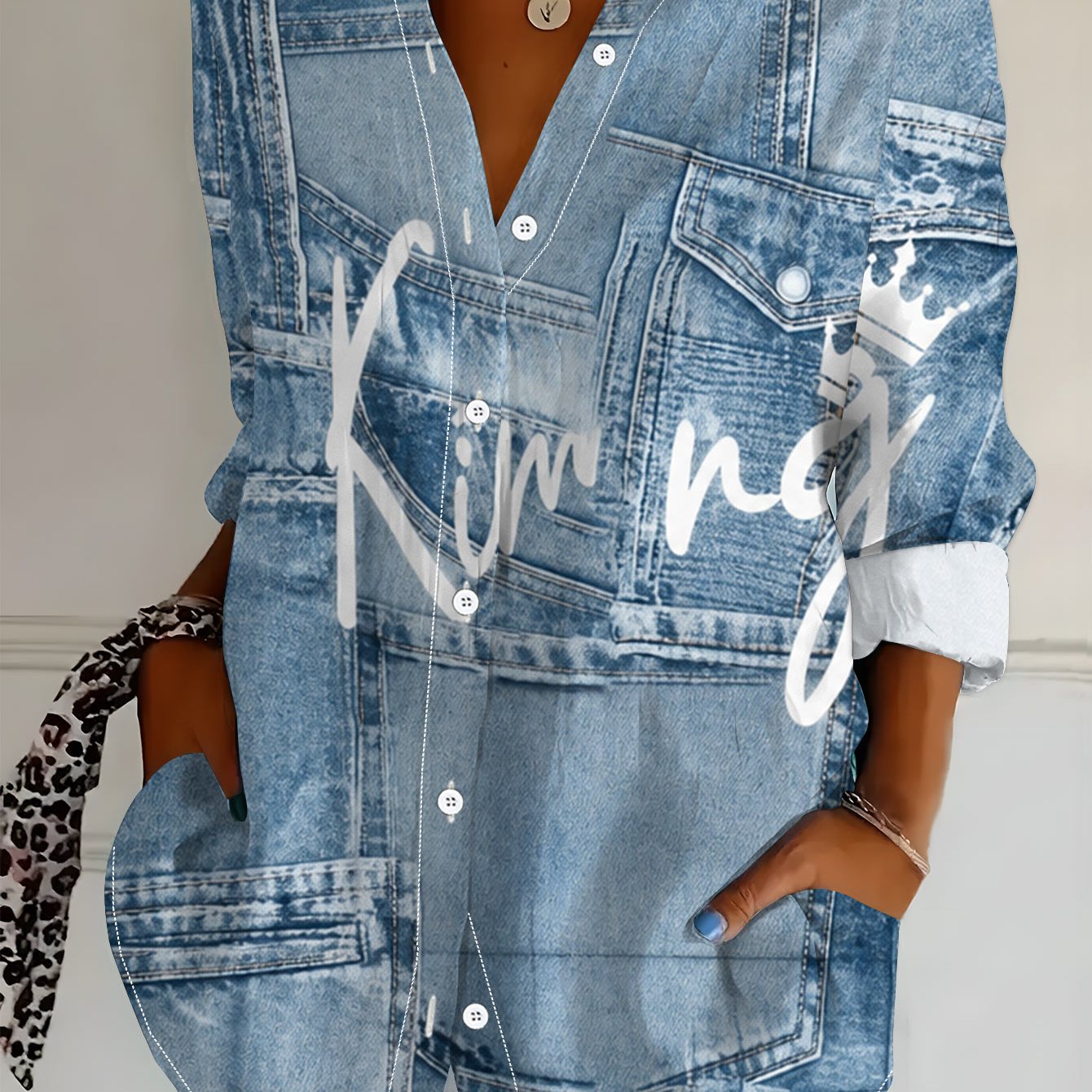 TEMU Plus Size Women's Long Sleeve Shirt, Denim Style Loose Printed Shirt With Denim Elements, Mid-length Women's Long Sleeve Collared Shirt In Light