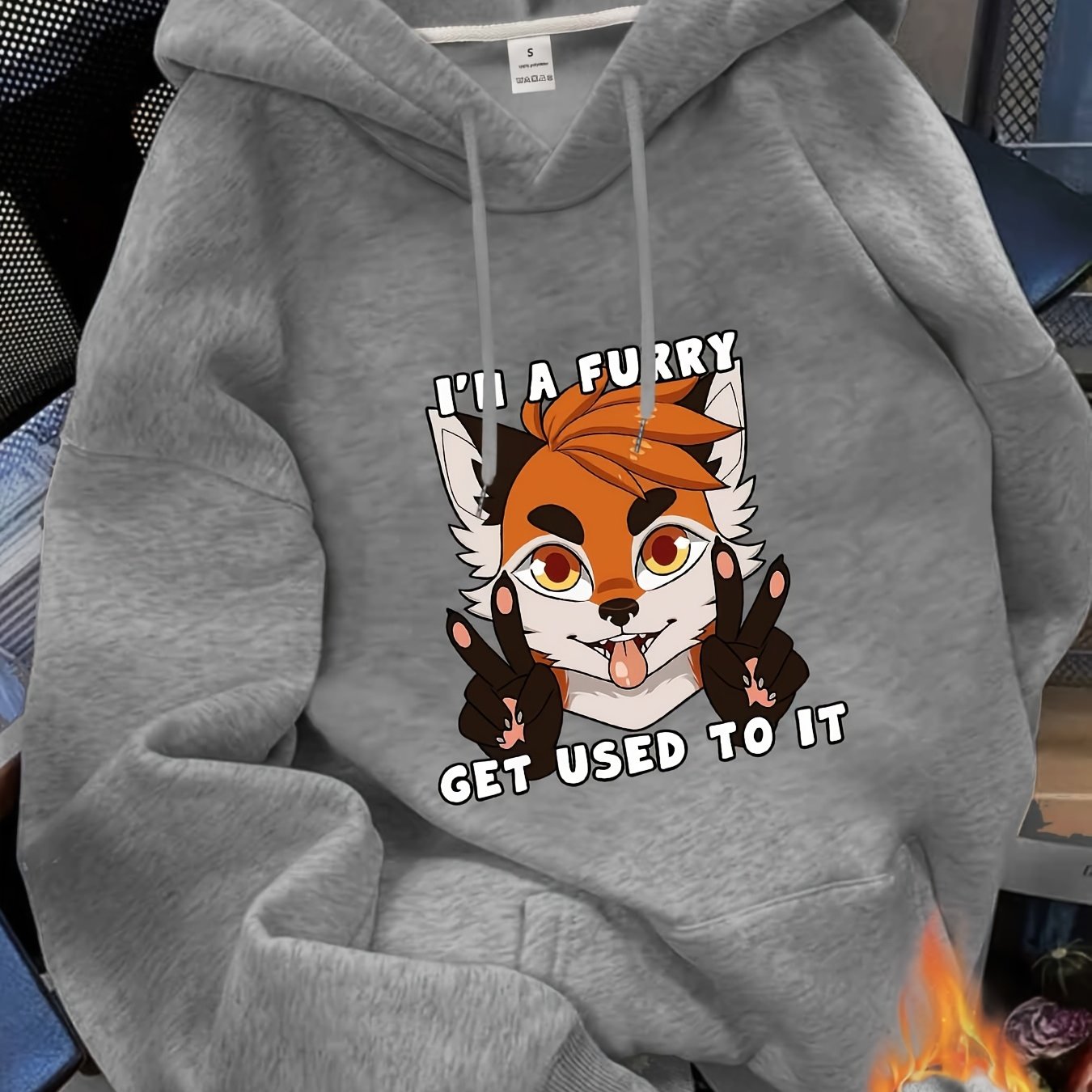 TEMU Women's Anime-inspired Furry Fox Graphic Hooded Sweatshirt - Cute Anime Fox & Japanese Text Print, Loose Fit , Casual Pullover Sweater With