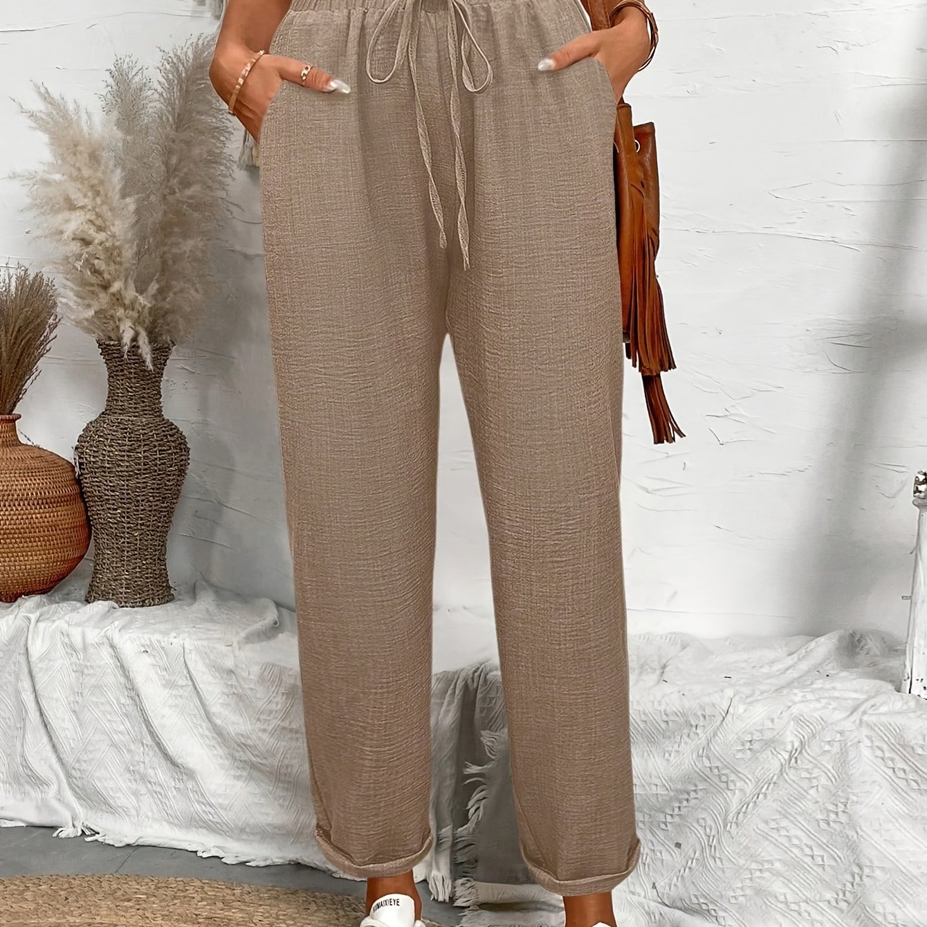 Women's Spring, Summer, And Autumn Casual Beach Slim-fit Elastic Waist Drawstring Pants With Pockets, Straight-leg Trousers Suitable For Daily Commuting And Vacations