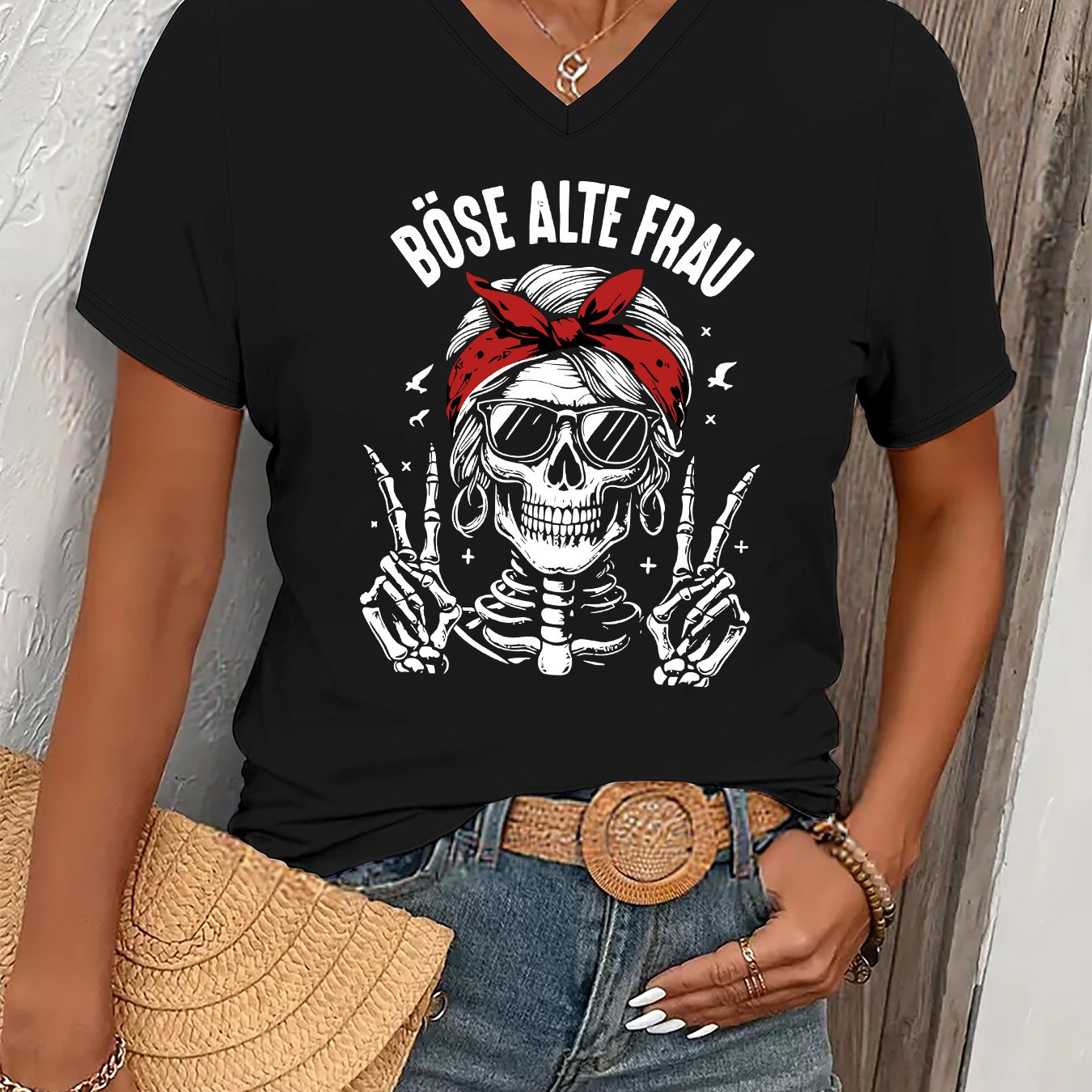 TEMU 006#) Damenmode T-Shirt, bedrucktes V-Ausschnitt T-Shirt, lässiges Kurzarm V-Ausschnitt T-Shirt für Damen