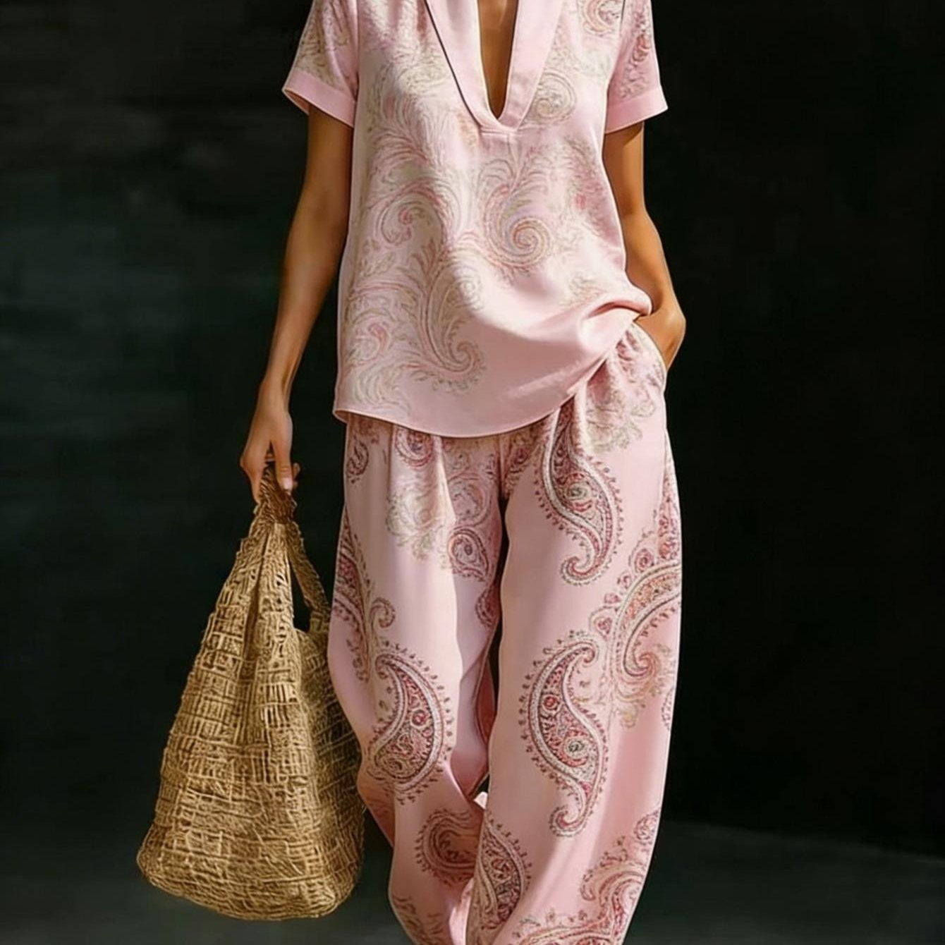 Image of Plus Size, Plus Size Women's Pink Paisley Swirl Print V-neck Loose 2pcs Set Casual Loungewear Wide Leg Pants Outfit