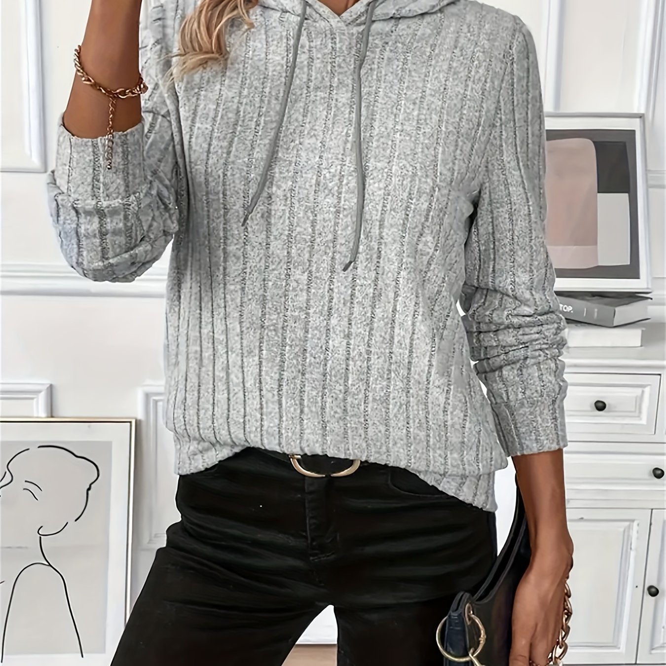 TEMU Ribbed Drawstring Hoodie, Casual Long Sleeve Hoodie, Sweatshirt, Women's Clothing