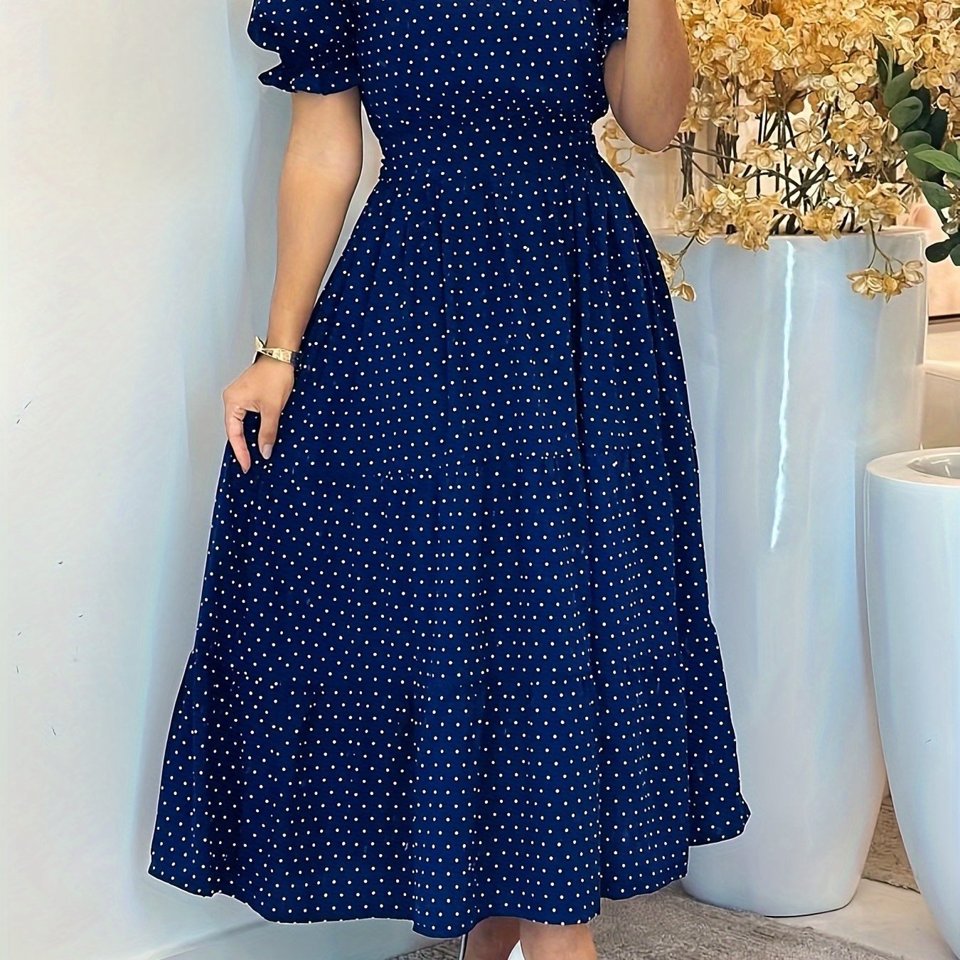 E-shop 10756 Damen Urlaubs-Casual Polka-Dot Puffärmel A-Linie Gürtelkleid