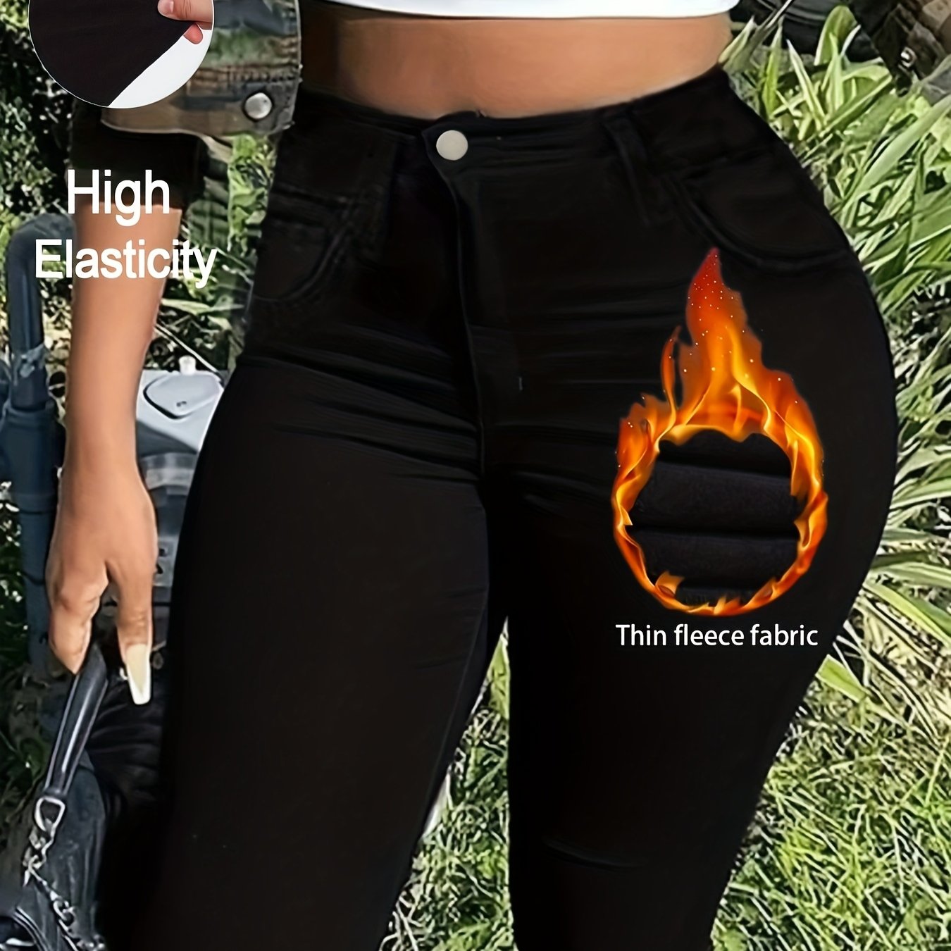 TEMU Fleece-lined Denim Leggings, Super Stretchy Slim Fit, Thin Fleece Denim Skinny Pants, Machine Washable, Fade-resistant, Comfortable Women's