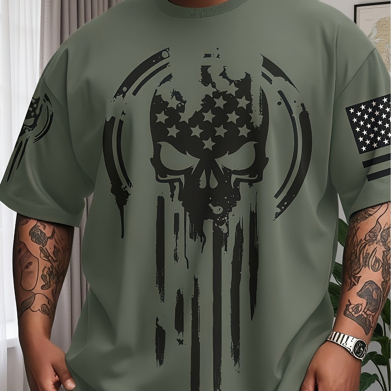 TEMU [printed Design- Not Textured] -size Men's T-shirt Print - American Warrior Skull Military Print, Suitable For Inner And Outer Wear And Summer,