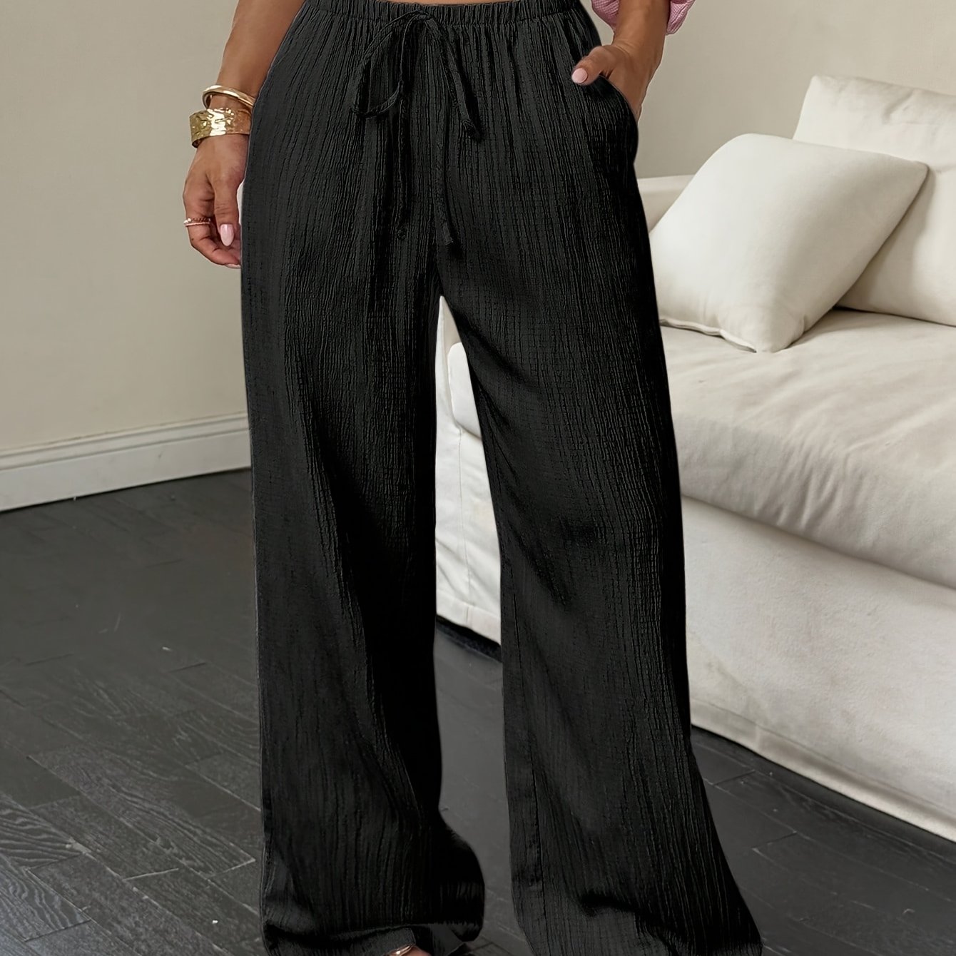 Women's Casual Elegant Style Loose-fit Pants, Solid Color Versatile Long Trousers, Stretch Waist Pocket Straight-leg Pants For Women