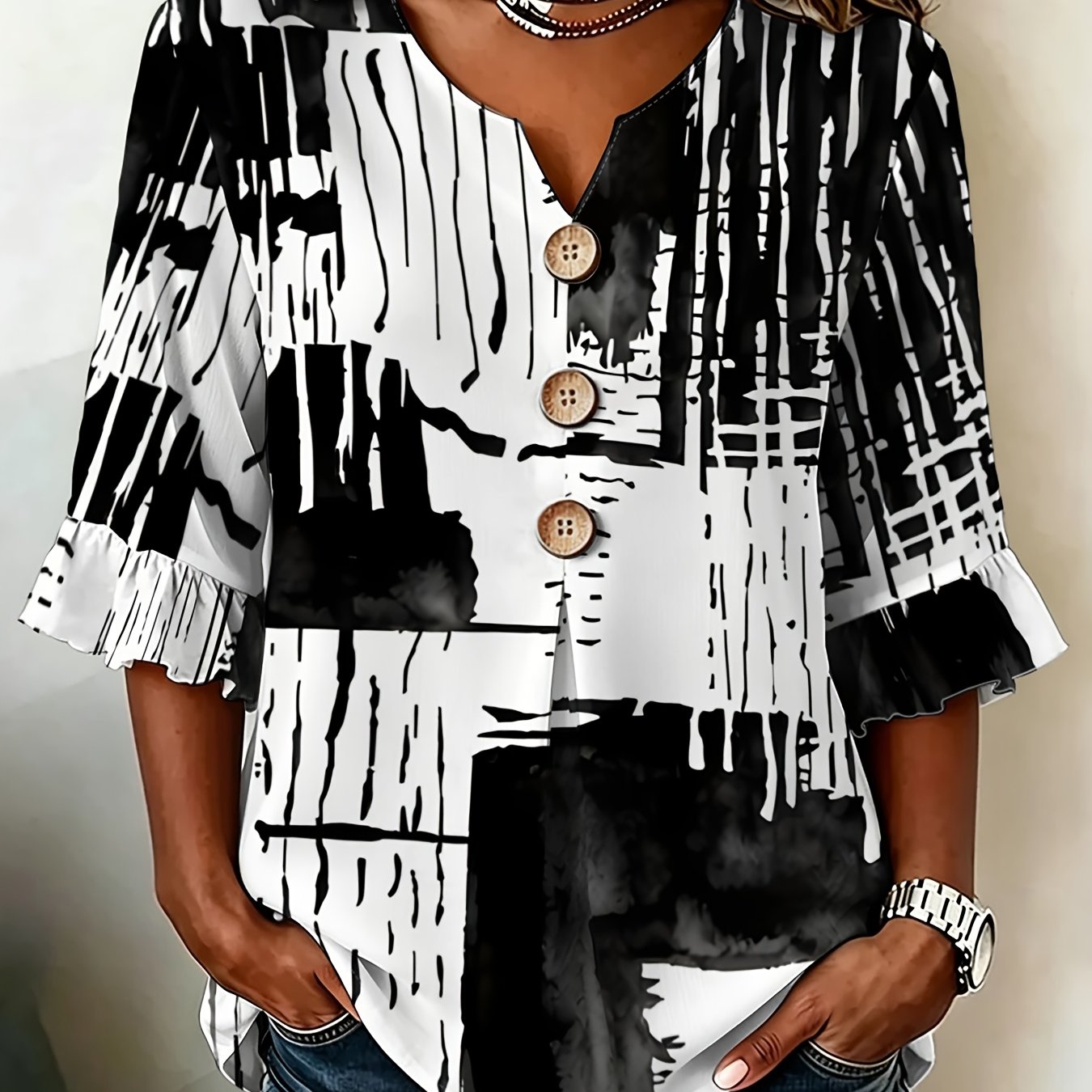 TEMU Plus Size, European And -size Women's Ruffle Sleeve Fashion Shirt, Abstract Black And White Art Design, Stylish And Comfortable, Suitable For