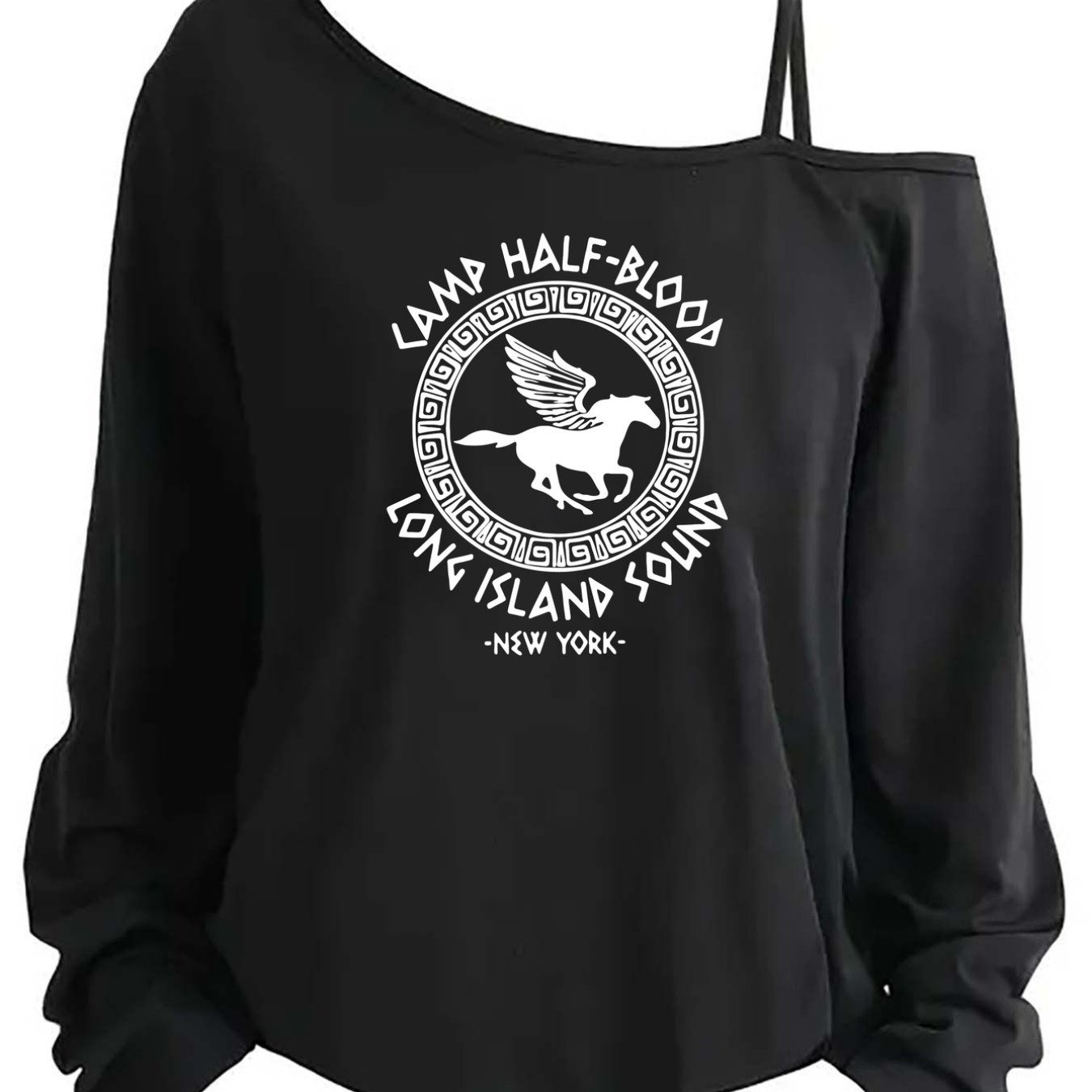 TEMU -shoulder Long-sleeved T-shirt, Half-blood Prince, Print Asymmetrical Shoulder Strap Top, Drop Shoulder Design, Casual And Comfortable Trendy