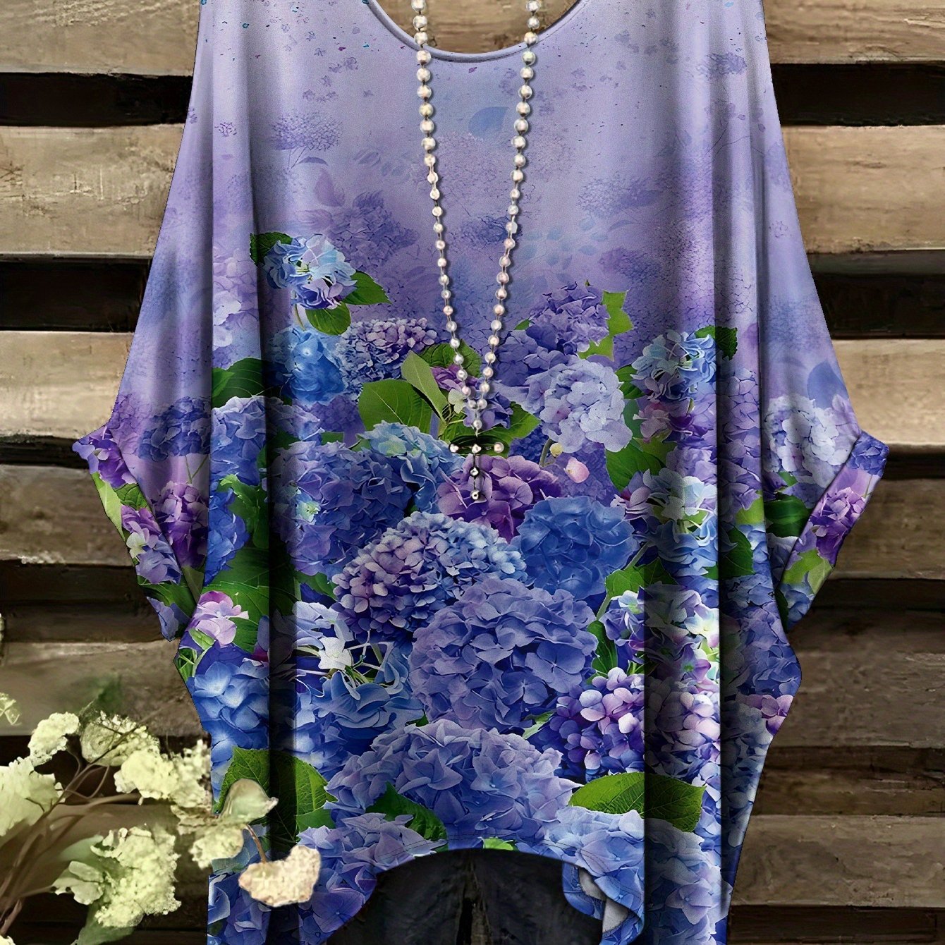 TEMU Plus Size, Plus Size Women's Printed Round Neck T-shirt- Lavender Hydrangea And Pattern, Asymmetric Hem, Lightweight Breathable Fabric, Machine