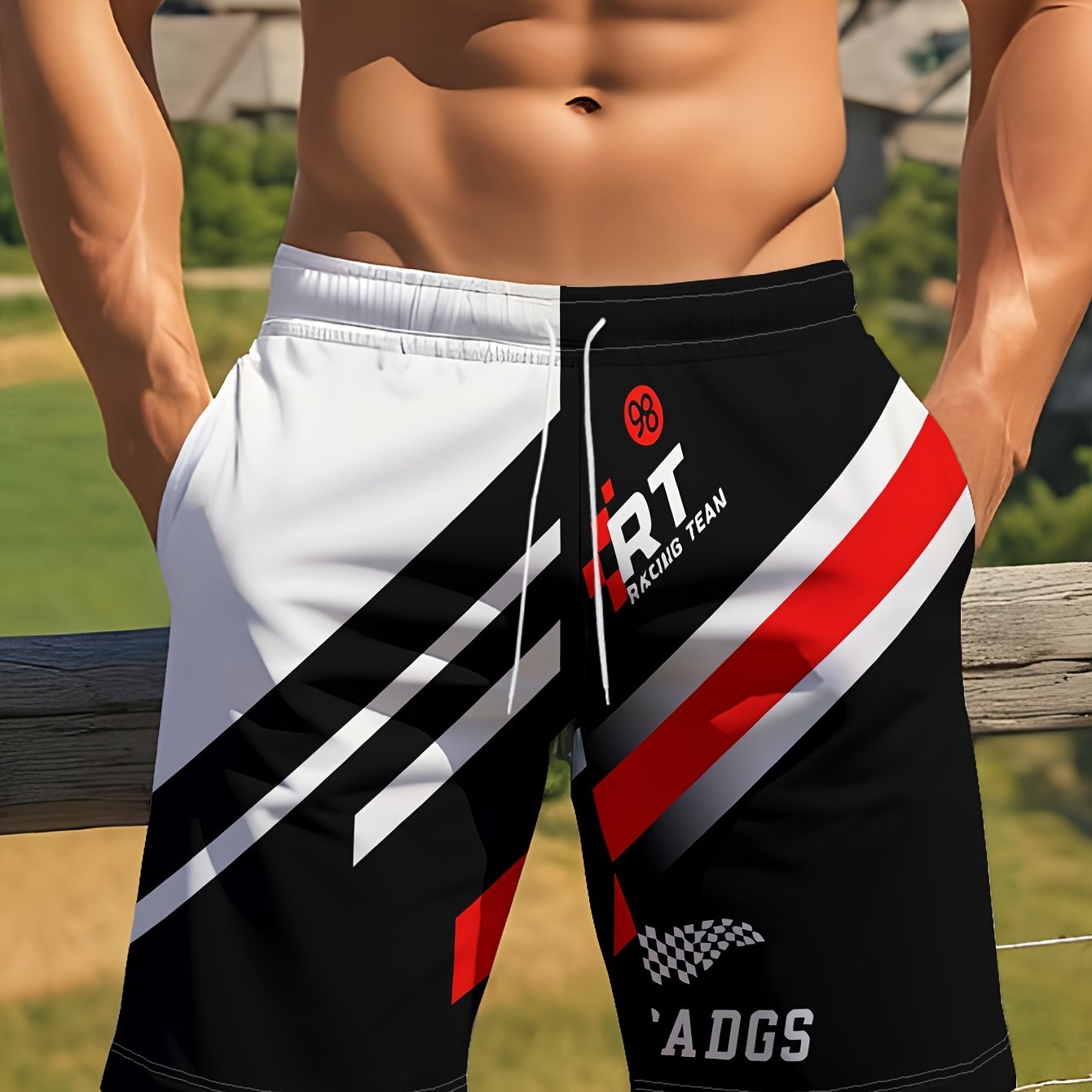 TEMU Men's Quick-drying Beach Shorts With Trendy And Unique 3d Racing-style Prints, Featuring A Casual Drawstring Waist - For .