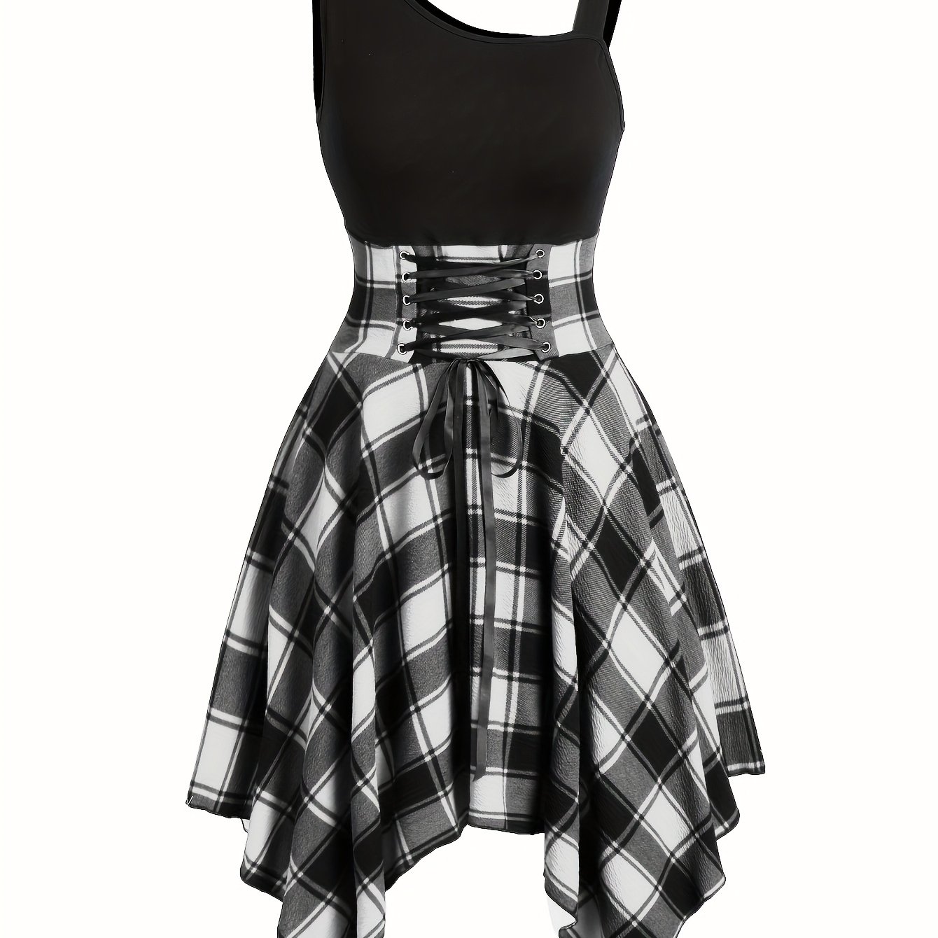 E-shop Damen-Kleid im Karomuster mit Farbblock-Design, asymmetrischem Saum, Kerbkragen, einzelner Schulter, Taillenbindeband unregelmäßigem Saum für