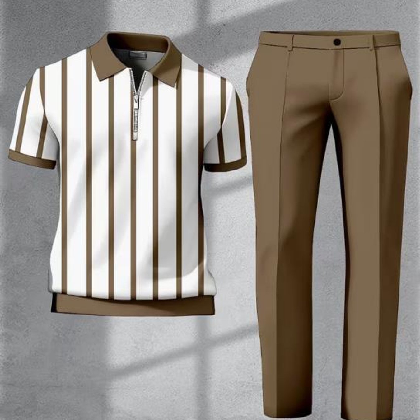 Image of Collar Men's Fashion Summer Casual Trendy Striped Pattern 3d Print Short Sleeve Shirt And Trousers Set Men's Outfits For Adults Men Street Style Casual Wear
