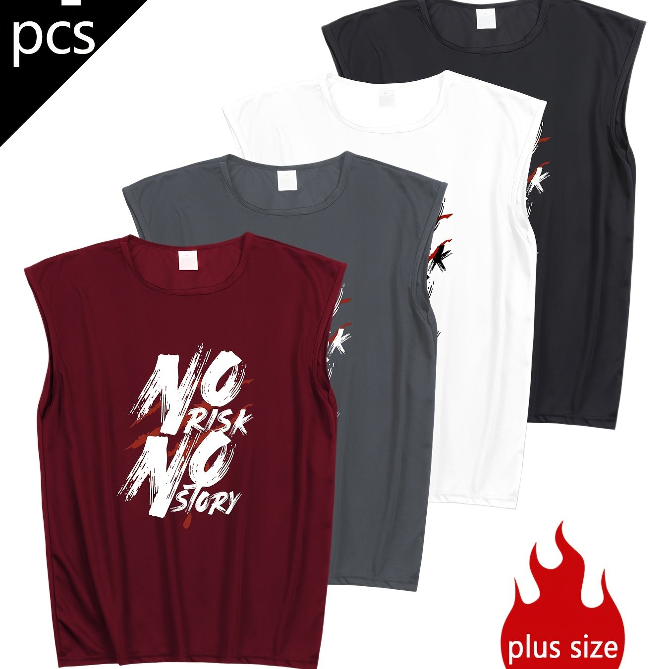 TEMU 4pcs Men's Plus Size Quick-dry Sleeveless Gym Shirts - Workout Tank Tops With Letter Print, Loose Fit Round Neck Athletic Tops Suitable For