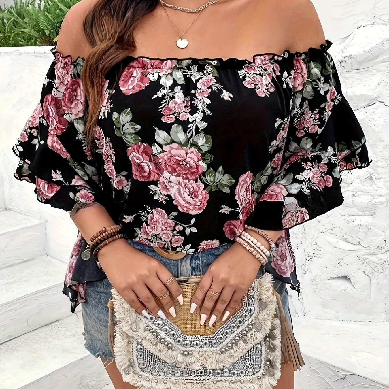 Plus Size Floral Print Blouse, Elegant Off Shoulder Irregular Sleeve Blouse For Spring, Women's Plus Size clothing