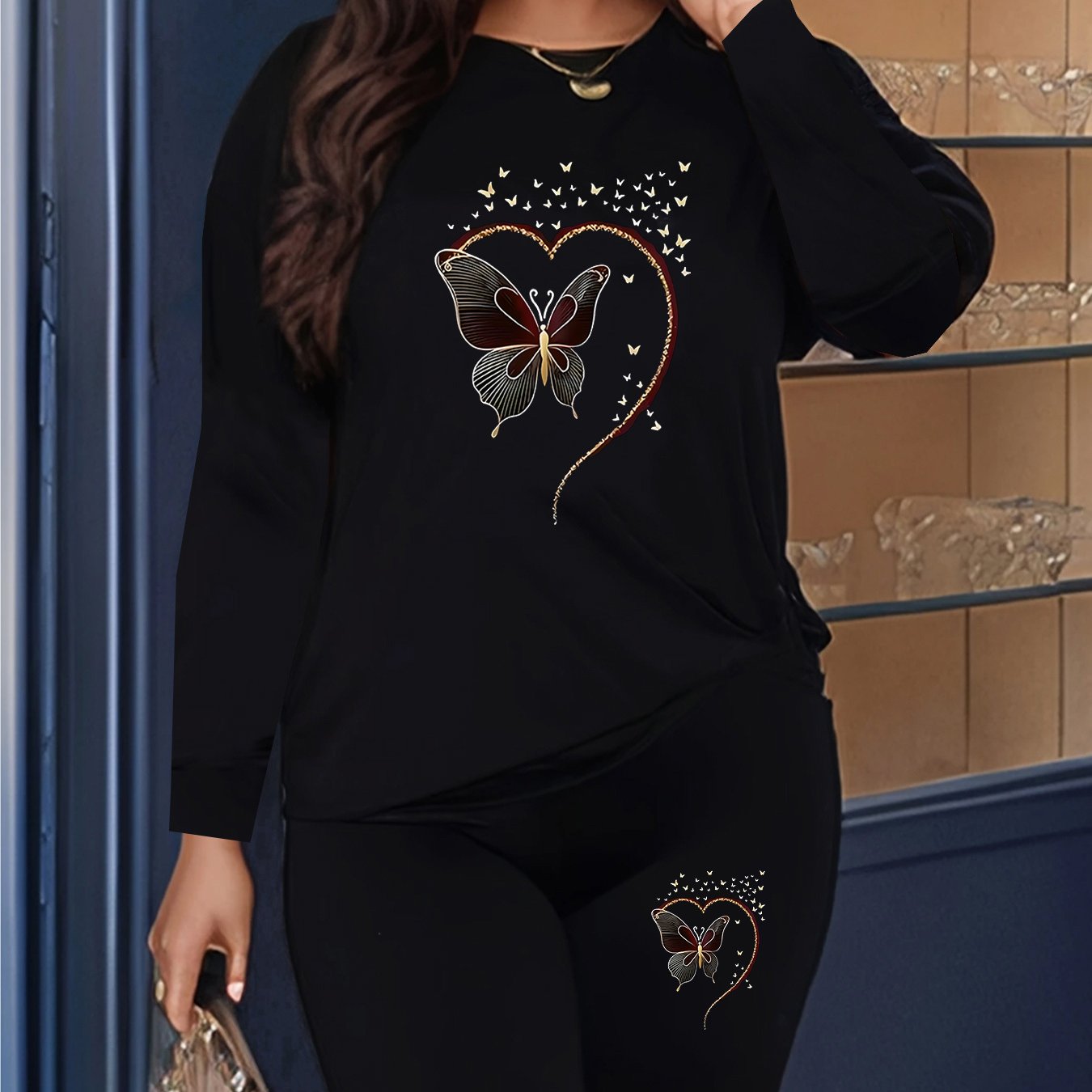 TEMU Plus Size - Plus Size - Casual Two-piece Outfit For Women Featuring A Round Neck Long Sleeve Top And Pants, Ideal For Any Season