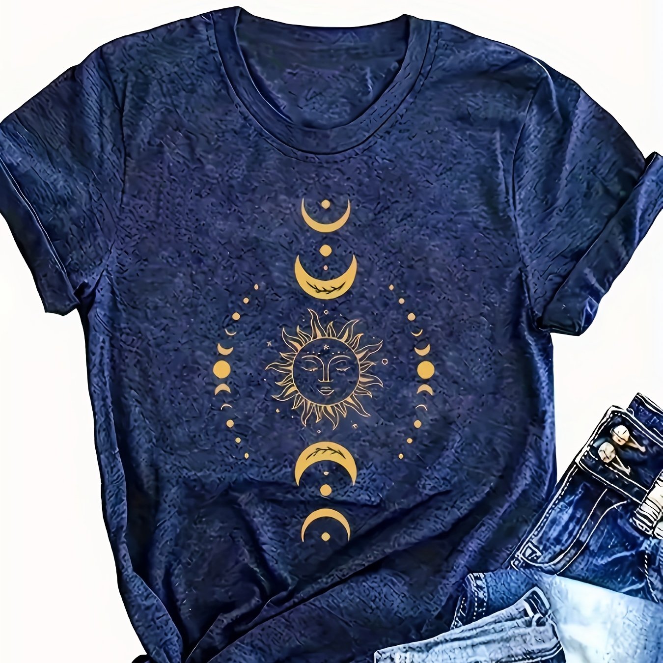 TEMU Plus Size, Sun, Moon And Stars-graphic Printed Plus Size T-shirt, Casual Round Neck Summer Short Sleeve Women's Tops